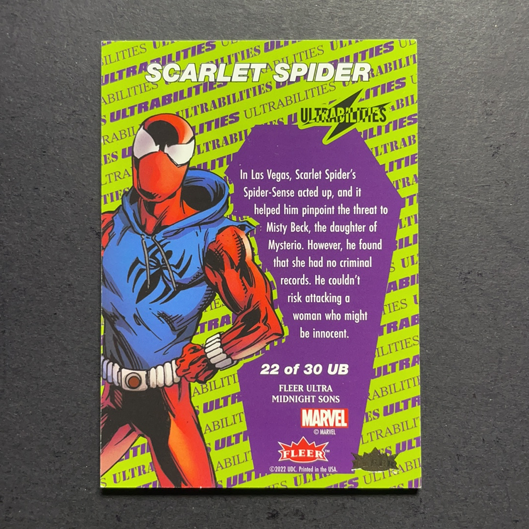 2024 Fleer Marvel (MCU) 午夜之子 猩红蜘蛛侠 大比例1:288 UB超能力星星折射特卡SSP 序号22of30 2023 UD漫威漫画Fleer Ultra午夜之子 粉条代拍