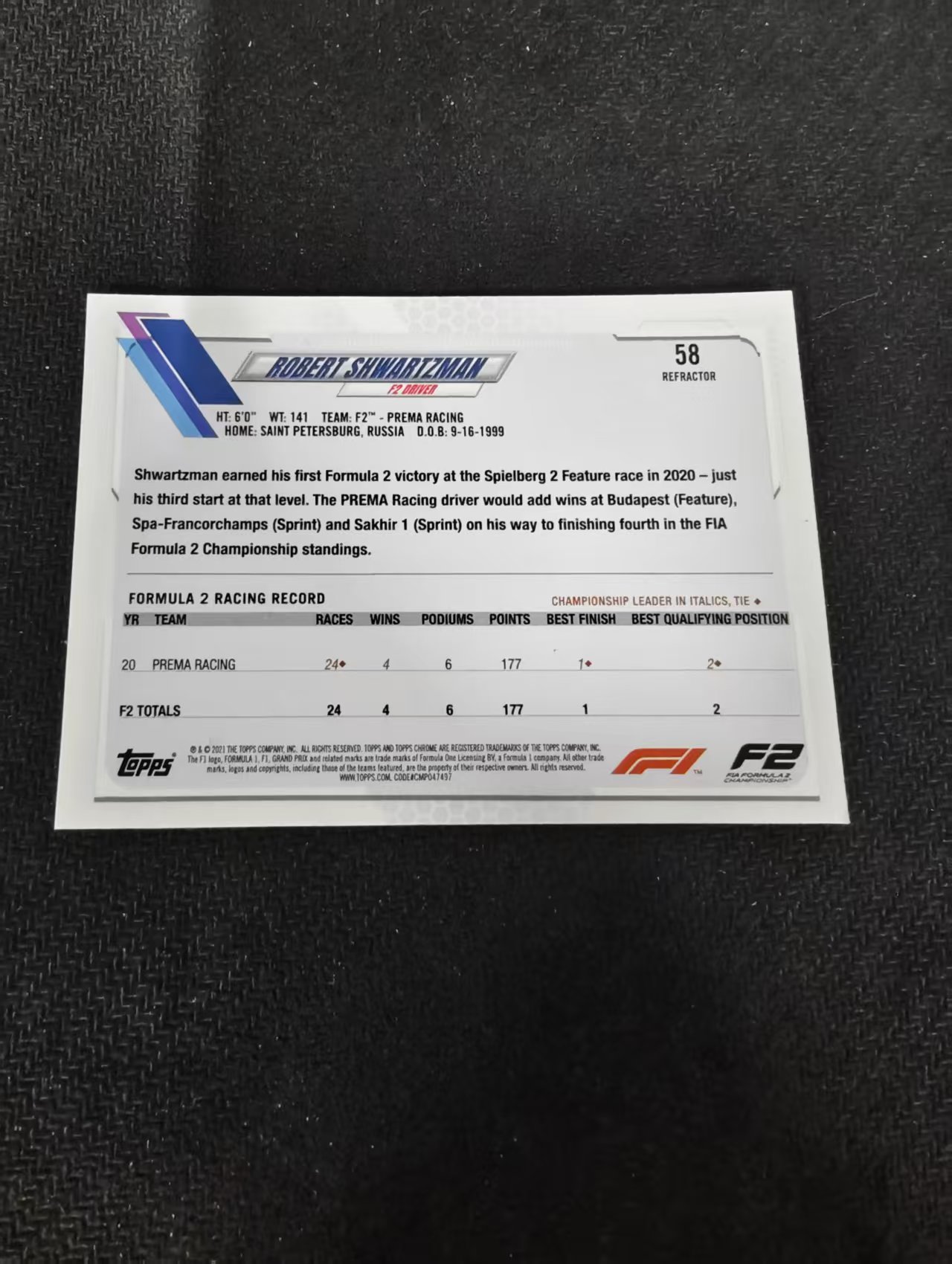2021 Topps Chrome F1 Robert Shwartzman 罗伯特 施瓦茨曼 银折 划痕 边角瑕疵 #58