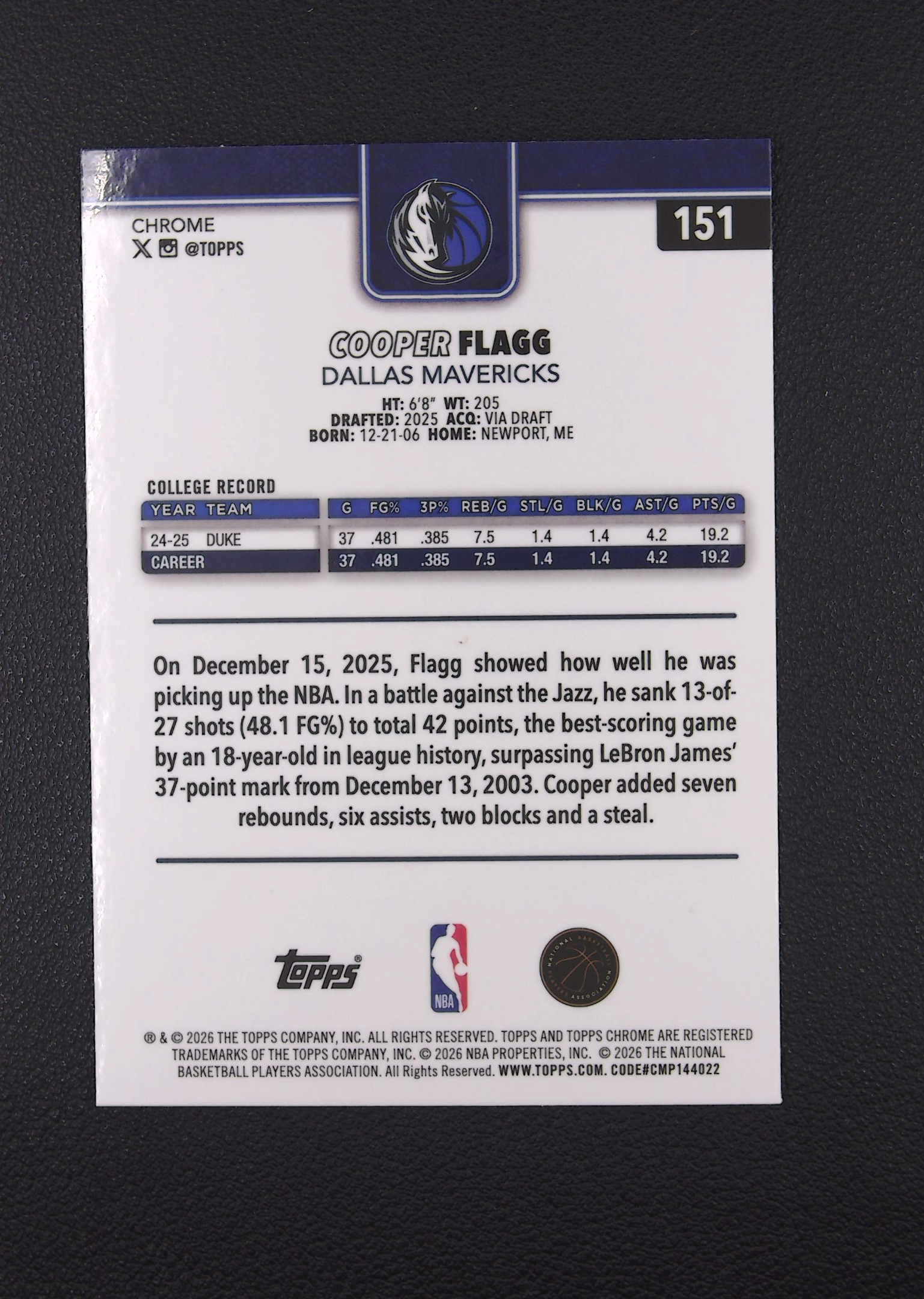 2026 Topps Chrome Cooper Flagg RC 库珀 弗拉格 新秀 base 独行侠 状元 美国之子 Update【Big M 代拍】 AQ888