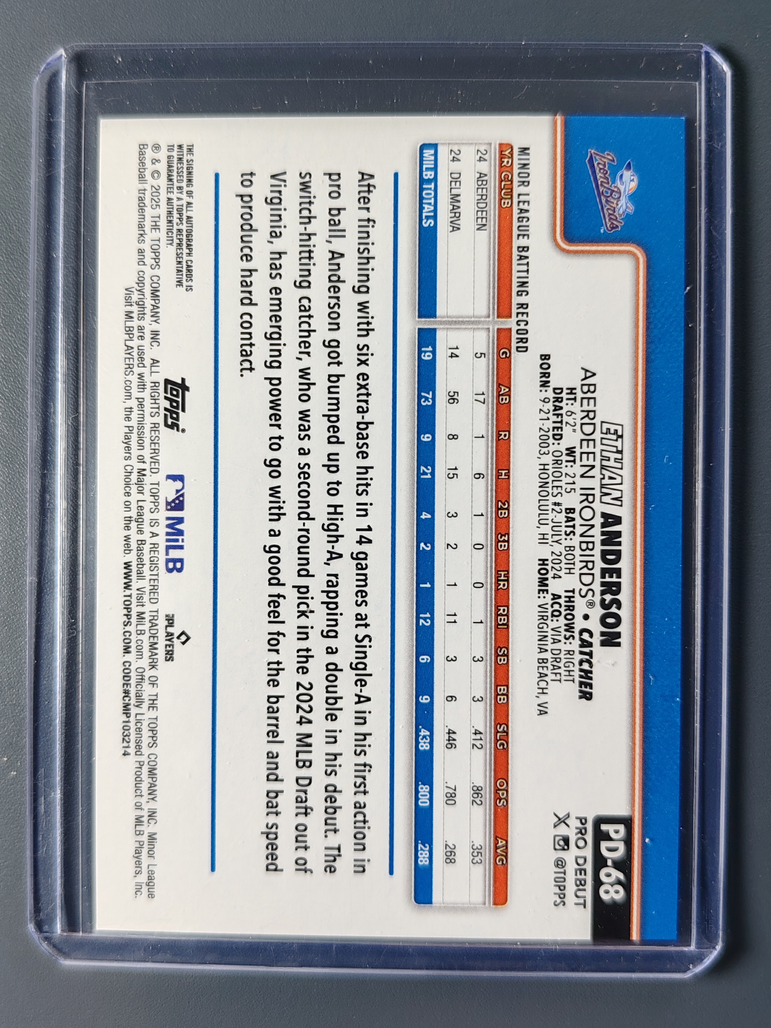 2025 Topps Pro Debut Ethan Anderson 金莺 小联盟首秀 签字!【9527】