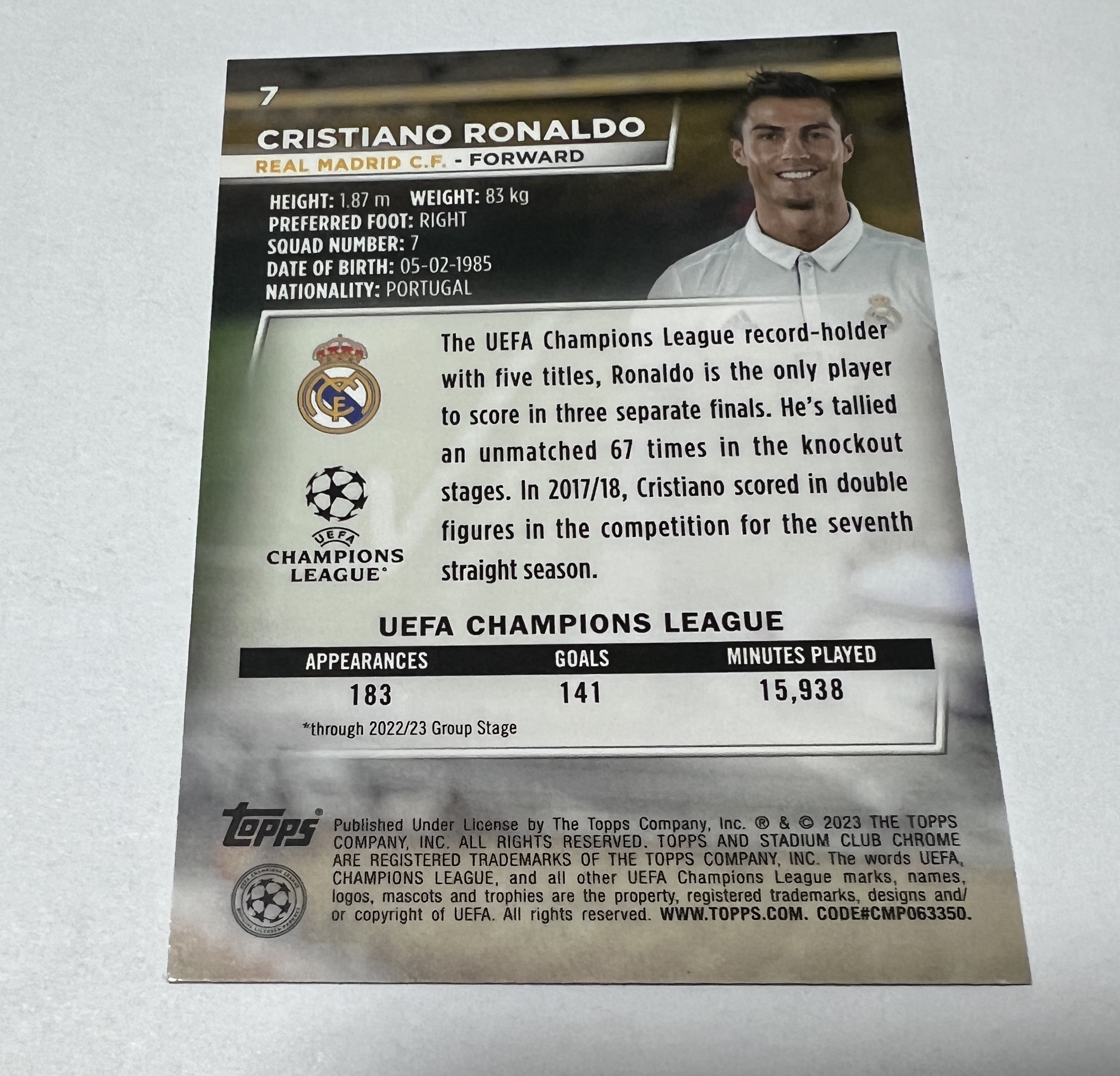 2023 Topps Stadium Club Chrome Cristiano Ronaldo 竞技场 克里斯蒂亚诺 罗纳尔多 C罗 曼联 葡萄牙 皇家马德里 base 卡品如图