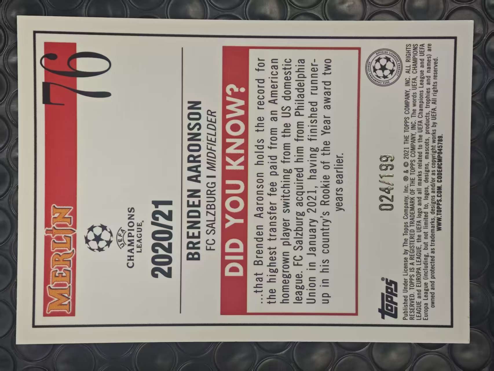 2021 Topps Merlin Brenden Aaronson 欧冠 梅林 萨尔茨堡 布伦登 阿隆森 024/199编 青折 折射 卡品如图【原地起飞卡社】MVP11.6