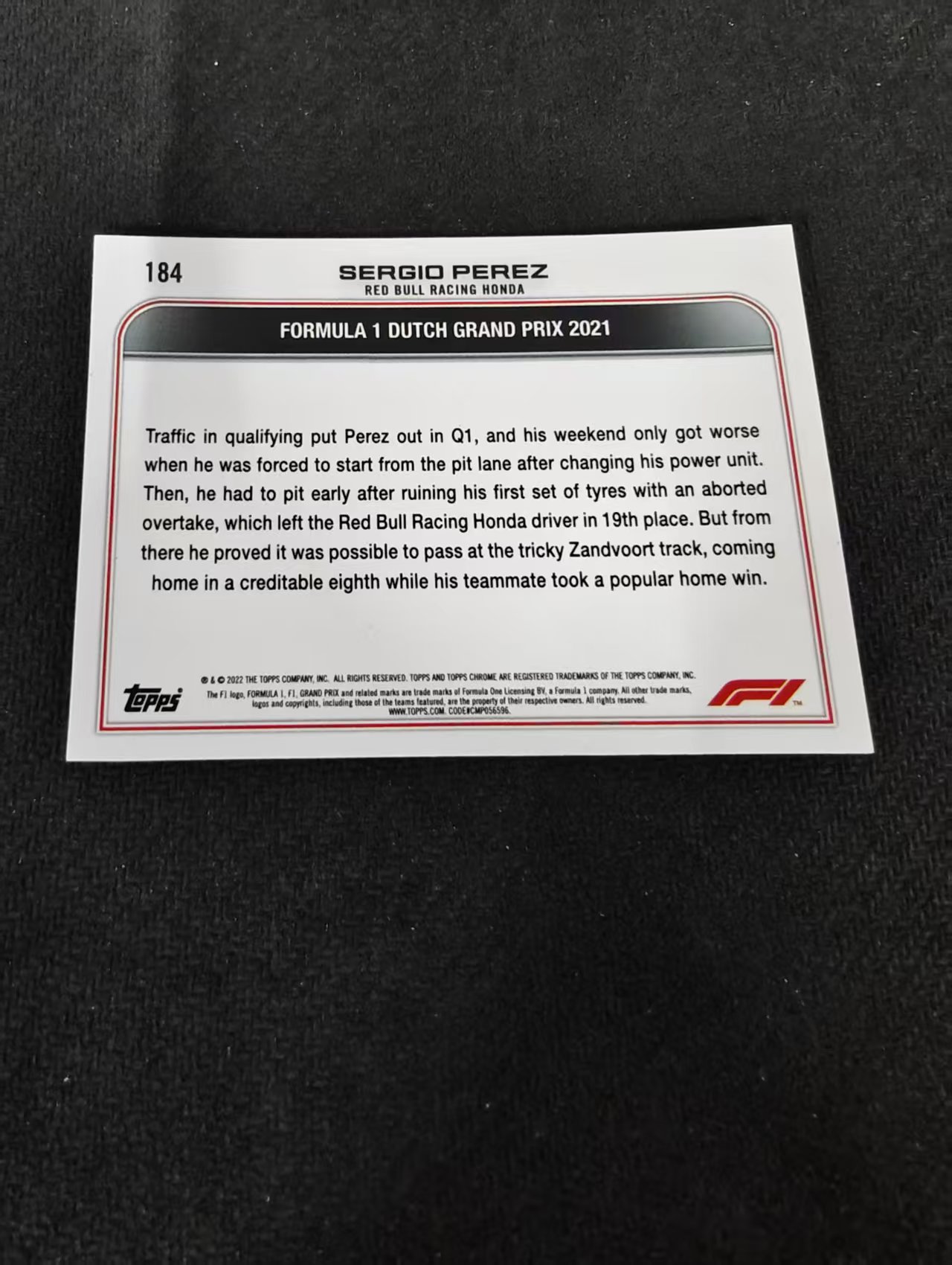 2022 Topps Chrome F1 Sergio Perez 塞尔吉奥 佩雷兹 红牛车队 划痕 边角瑕疵 #184