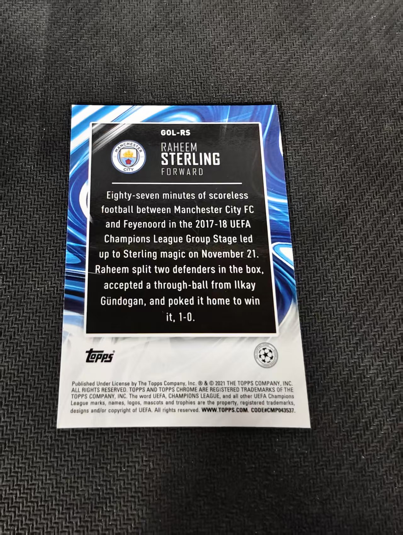 【可合并,不累计】2021 Topps Chrome Raheem Sterling 斯特林 曼城 Golazo特卡 欧冠 银折 划痕 边角瑕疵