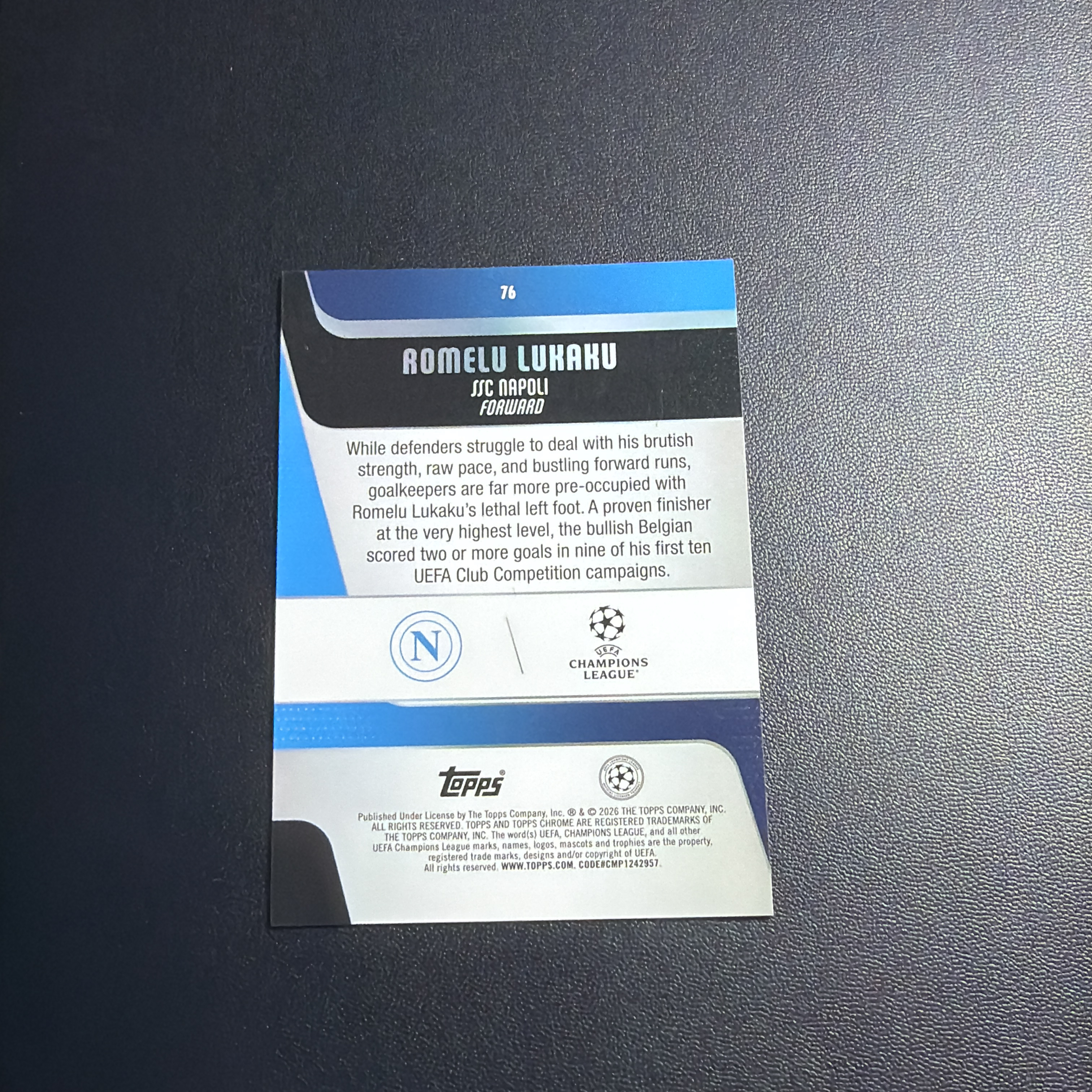 【小牛代拍】2025-26 Topps Chrome 欧战 欧冠TC Romelu Lukaku 卢卡库 小魔兽 那不勒斯 比利时 国米 曼联 42/75编 紫熔岩折 折射 卡品如图(臧总)