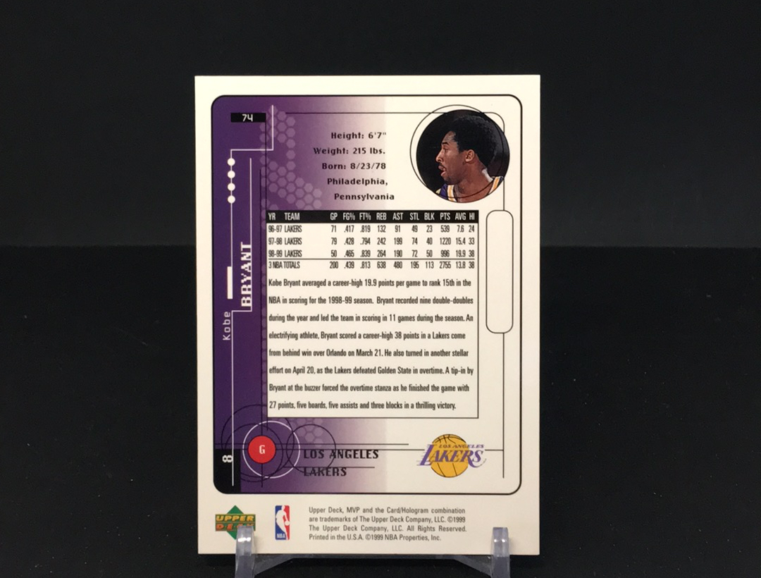 【DC拍卖】4.27CR7 1999-00 Upper Deck MVP #74 Kobe Bryant 科比・布莱恩特 湖人经典实战特卡