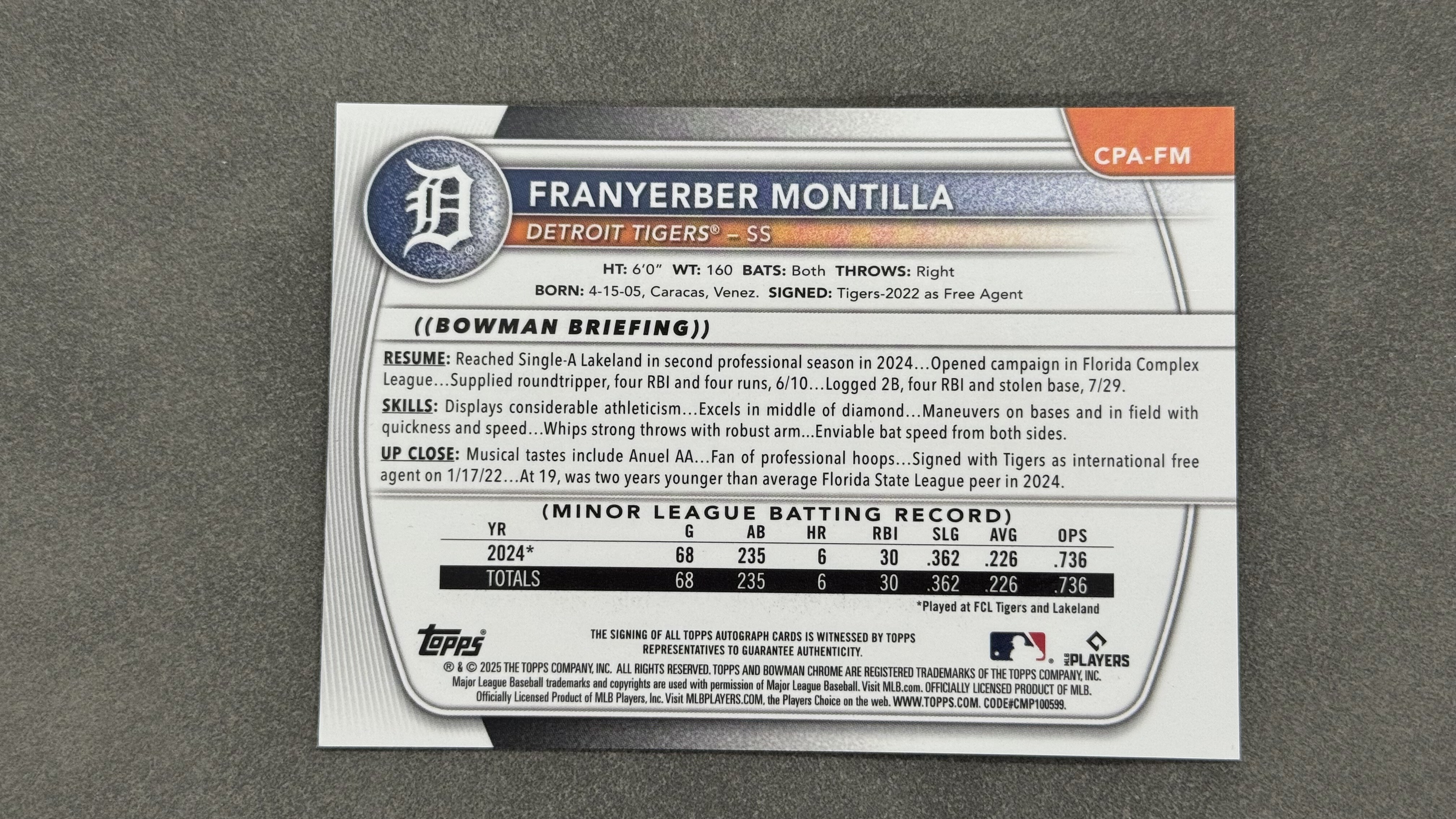 2025 Topps Bowman Franyerber Montilla 1st 底特律老虎队 弗兰耶伯 蒙蒂利亚 新秀 签字 游击手 未来可期 投资收藏 #CPA-FM