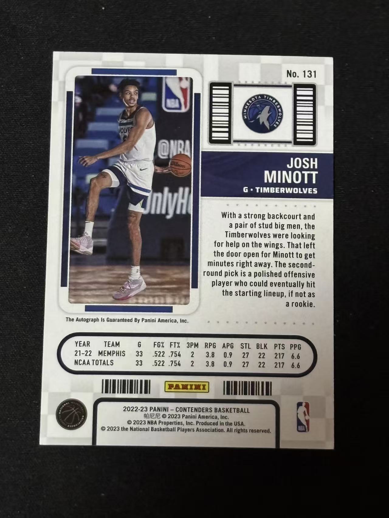 2022-23 Panini Contenders Josh Minott RC 【磊子球星卡】约什 迈诺特 森林狼 新秀 球票 签字 卡签 轻印见图