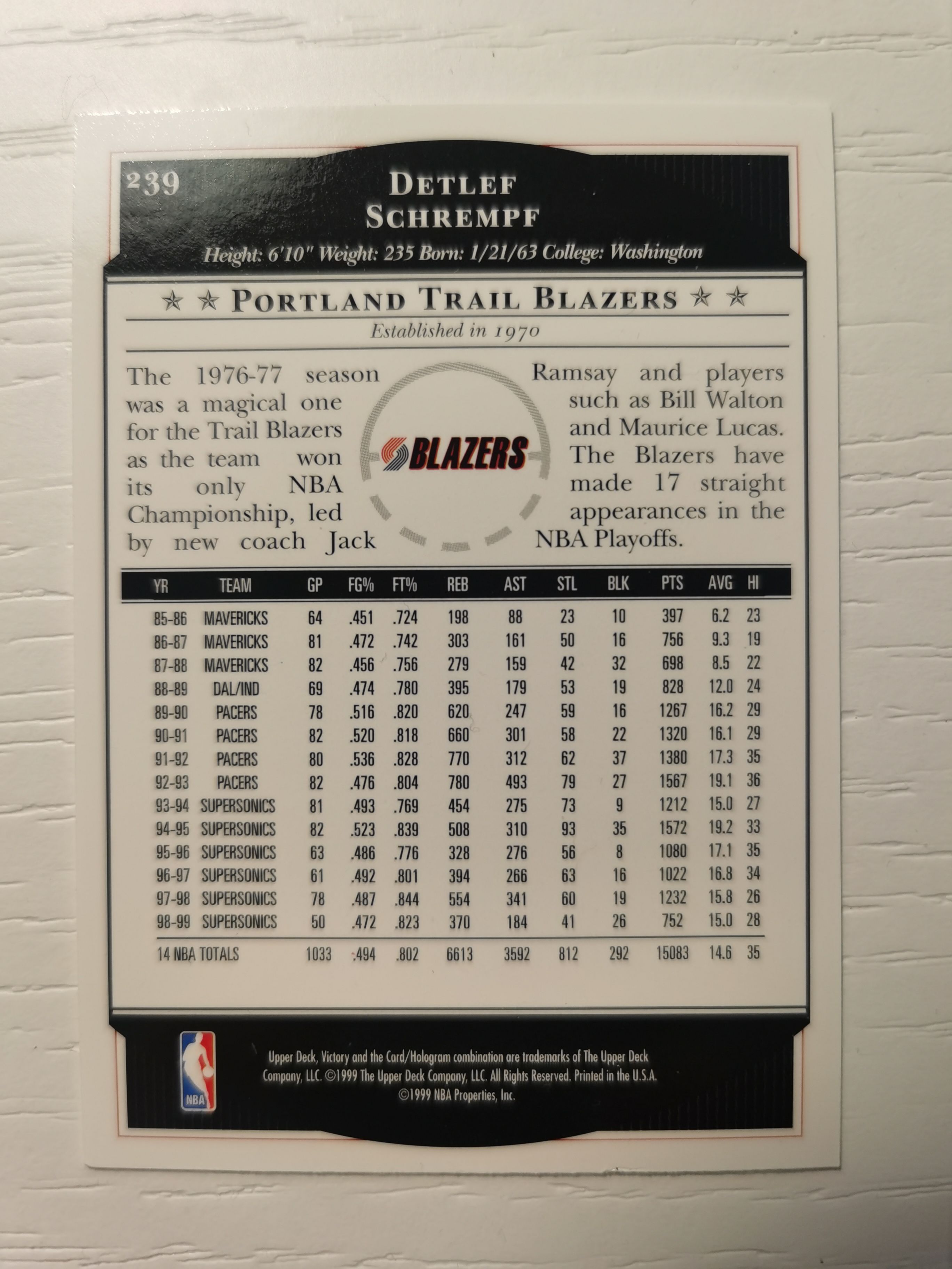 1999-00 Upper Deck victory Detlef Schrempf 1999-00 德特雷夫·施拉姆夫 初代德国战车 独行侠(小牛)开拓者 3届全明星 Victory UD