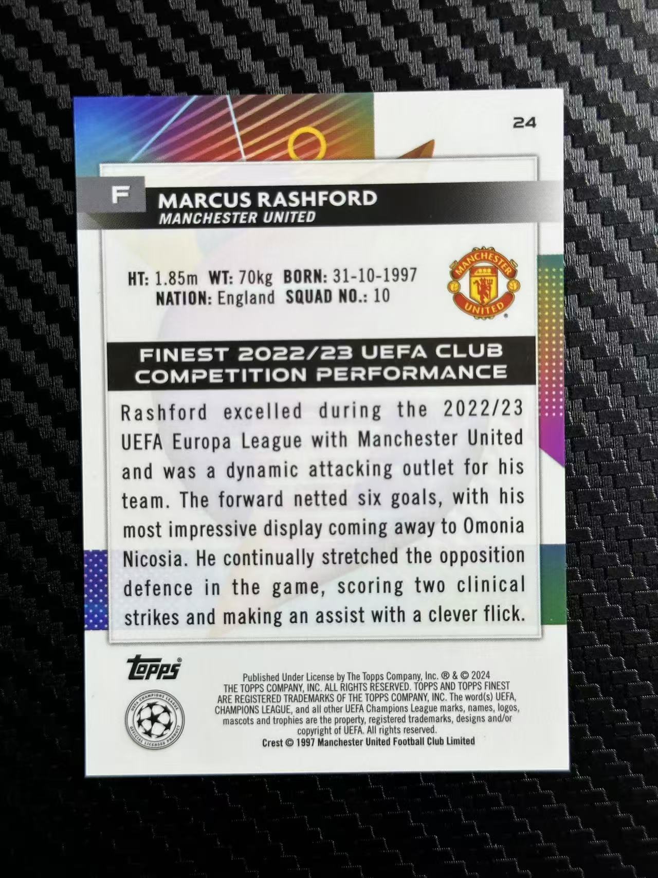 2024 Topps Finest Marcus Rashford 巴萨 巴塞罗那 英格兰 曼联 拉什福德 蓝折 104/275编 卡品如图 拍前看描述