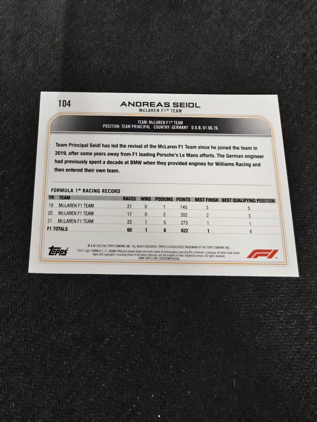 2022 Topps Chrome F1 Andreas Siedl 安德烈亚斯 塞德尔 迈凯伦 领队 黑白棋盘 划痕 边角瑕疵@104