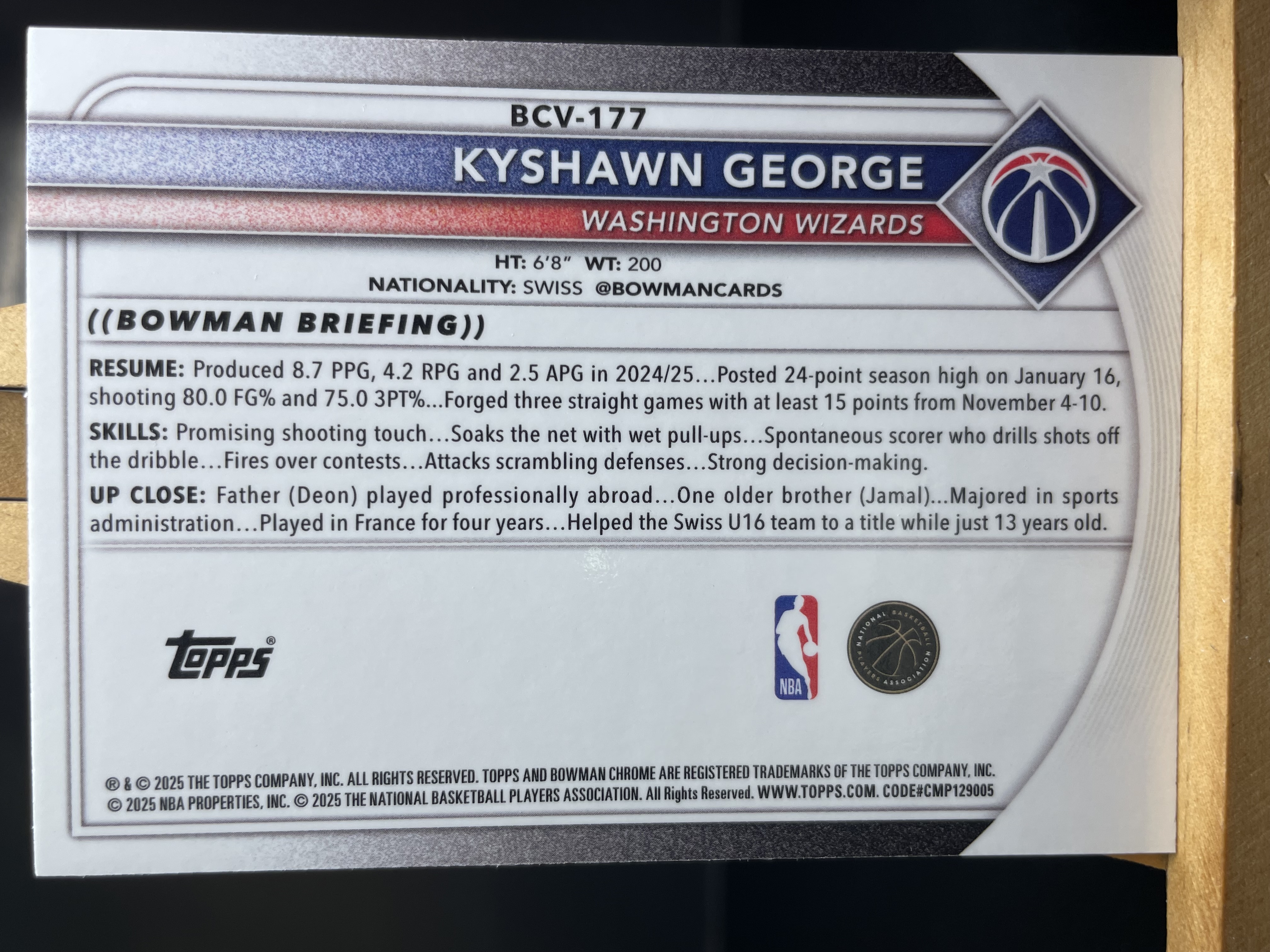 (A1) 2025 TOPPS MOJO折 凯肖恩 乔治 奇才 近期大热球星 收藏凑套必备 卡品如图 !!!