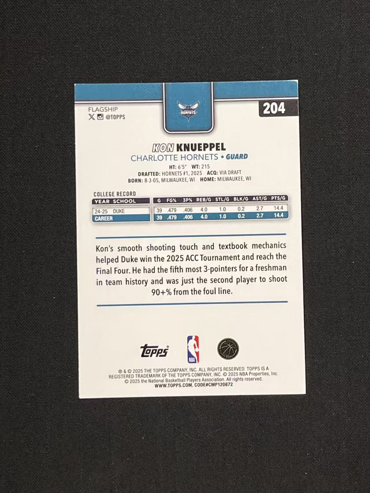 2025-26 Topps Flagship Kon Knueppel 新秀 RC 康 克努佩尔 克尼普尔 正新秀 黄峰 base 银折 【该隐#2】瑕疵如图