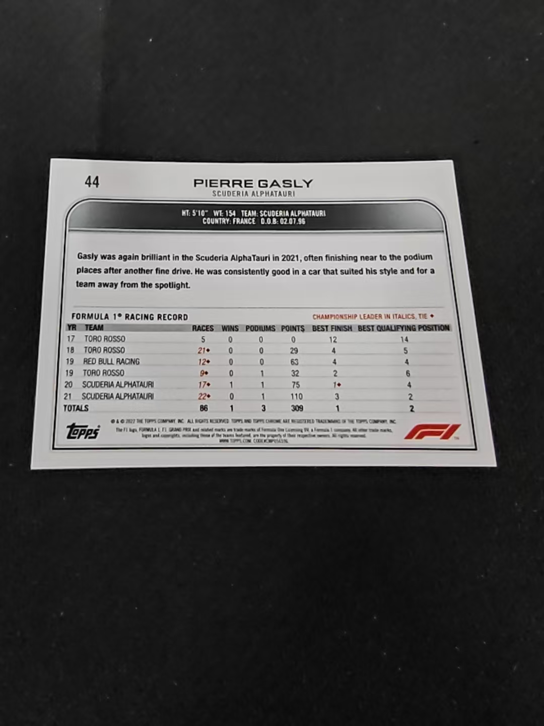 2022 Topps Chrome F1 Pierre Gasly 皮埃尔 加斯利 小红牛 划痕 边角瑕疵 #44