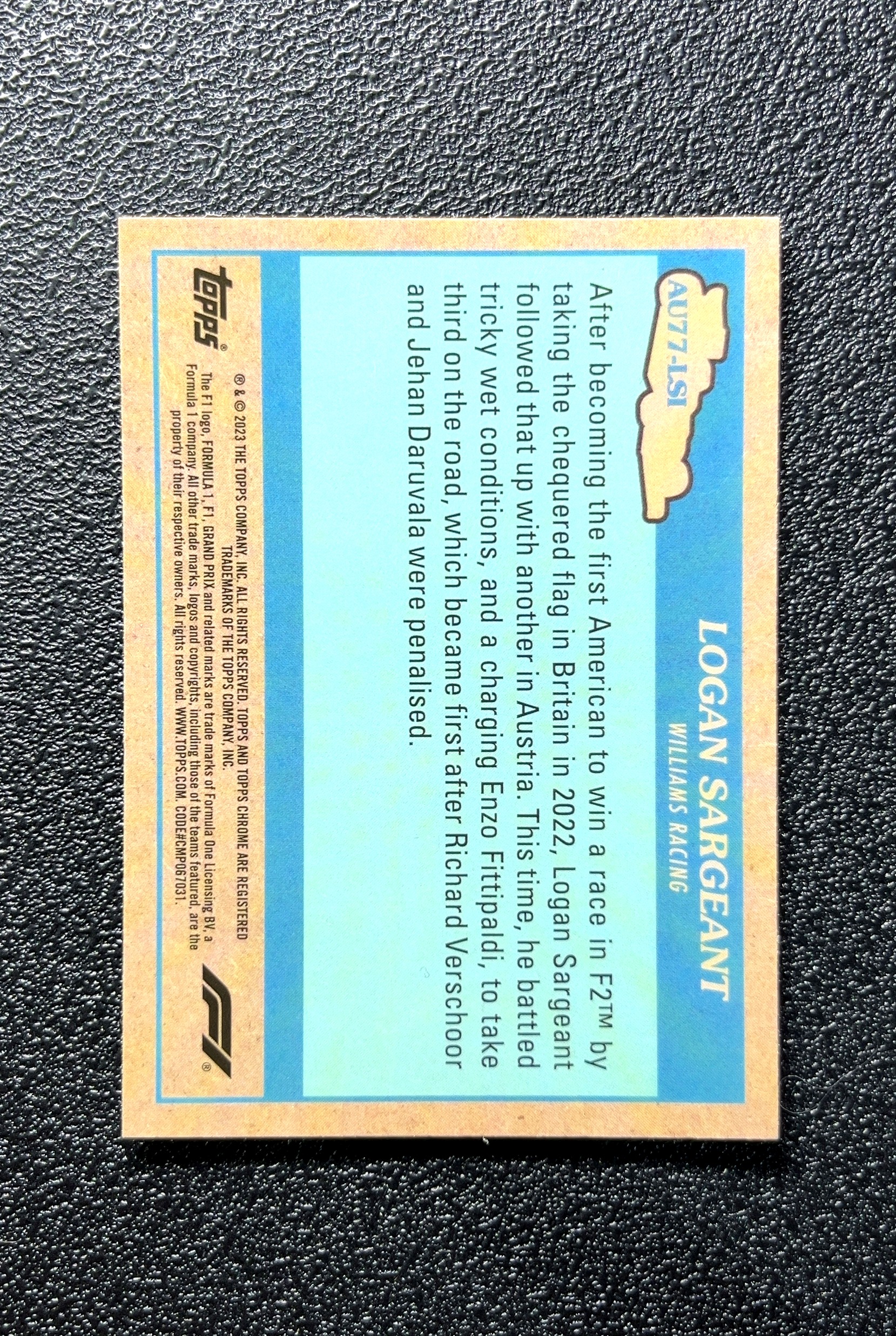 【小白1%代卖】2023 Topps Chrome F1 Logan Sargeant 洛根·萨尔根特 银折 折射 卡品如图 高价值 #AUT77-1 Williams Racing 0806