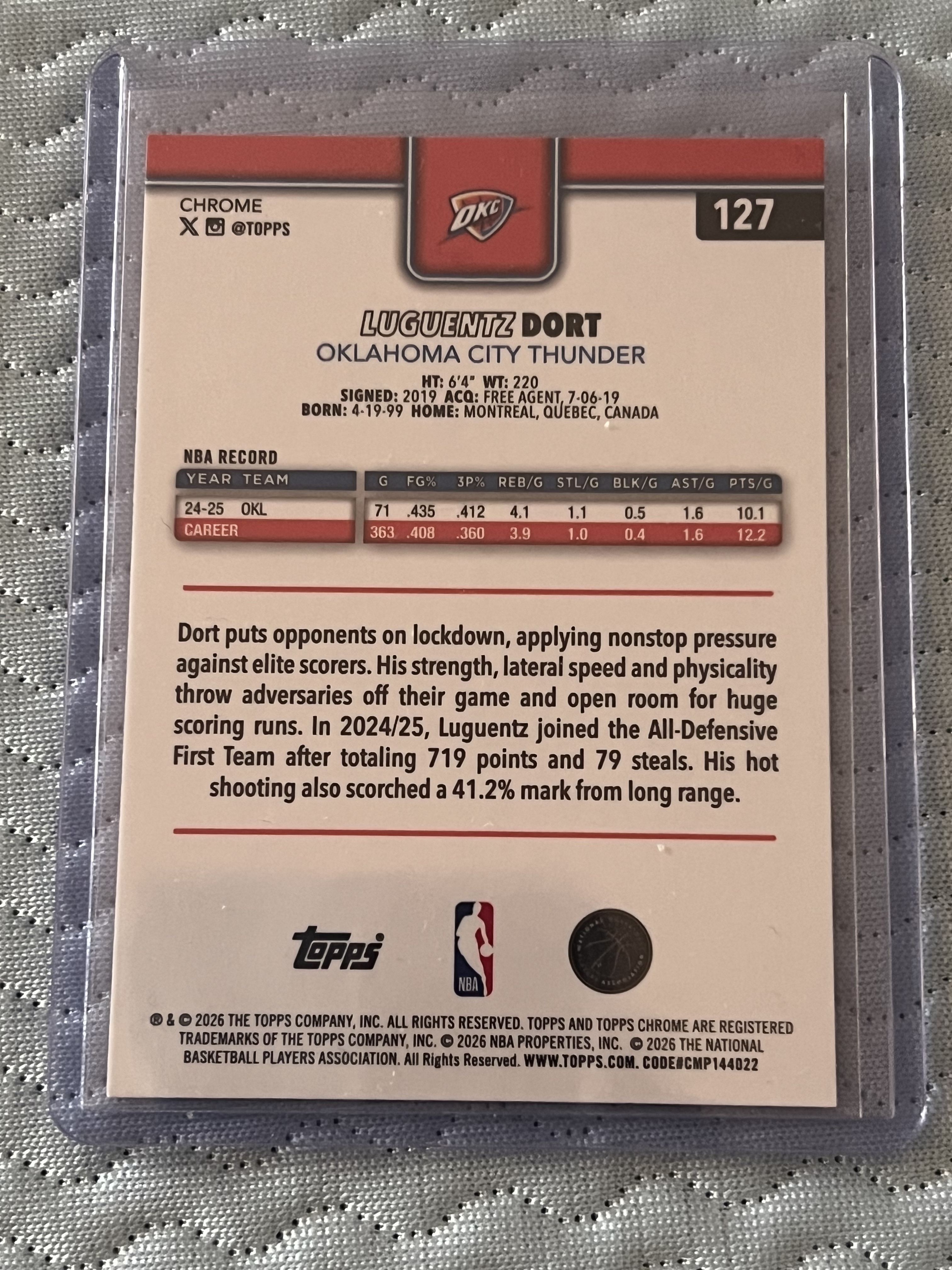 2026 Topps Chrome Luguentz Dort #127 雷霆 吕冈茨·多尔特 75编 正base 紫平行 折射卡!!雷霆防守悍将!!凑套必备!!