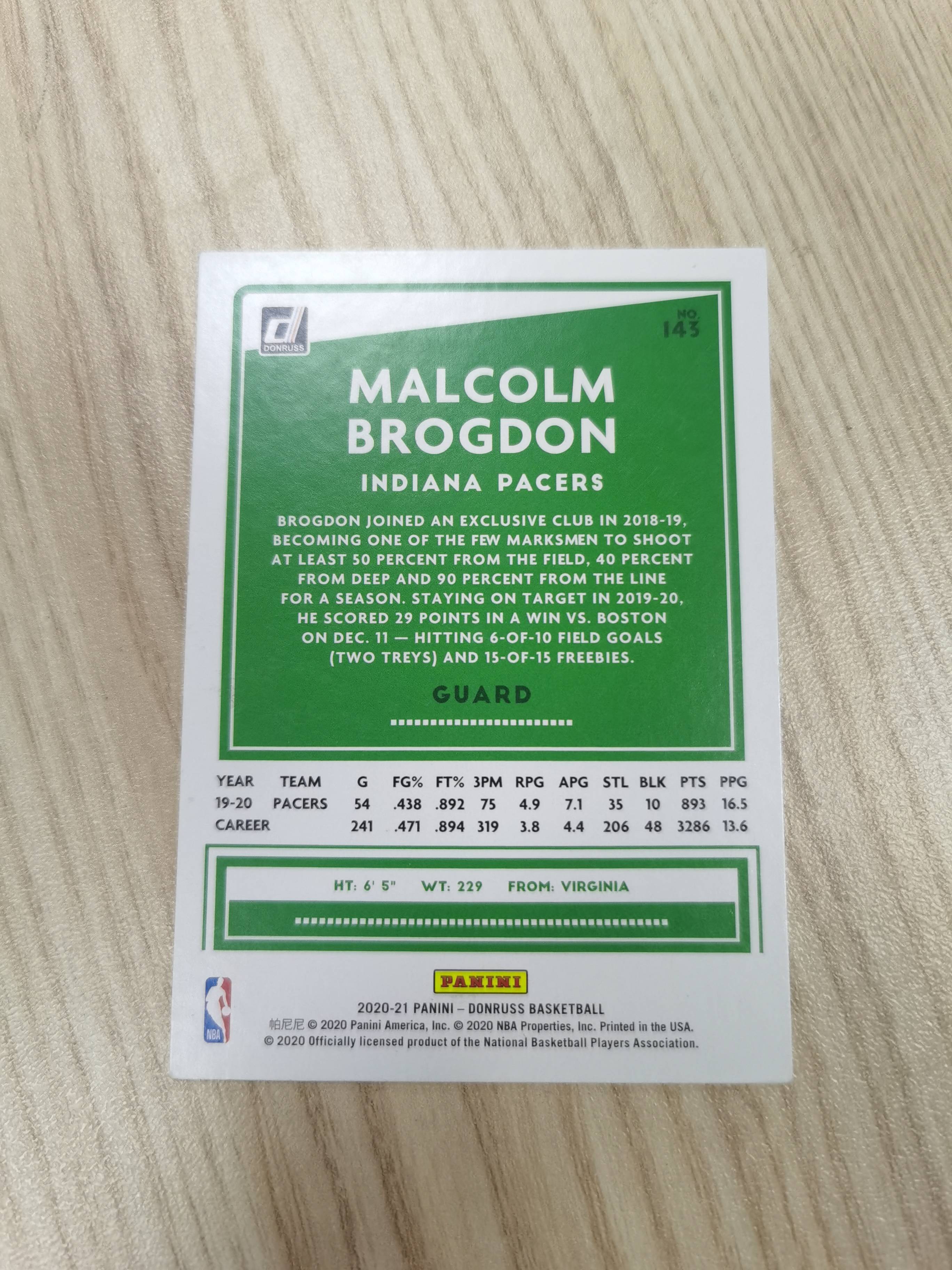 2020-21 Panini Donruss Malcolm Brogdon 2020-21 马尔科姆·布罗格登 杜蕾斯 2017赛季最佳新秀及新秀一阵 180俱乐部成员 凯尔特人 步行者