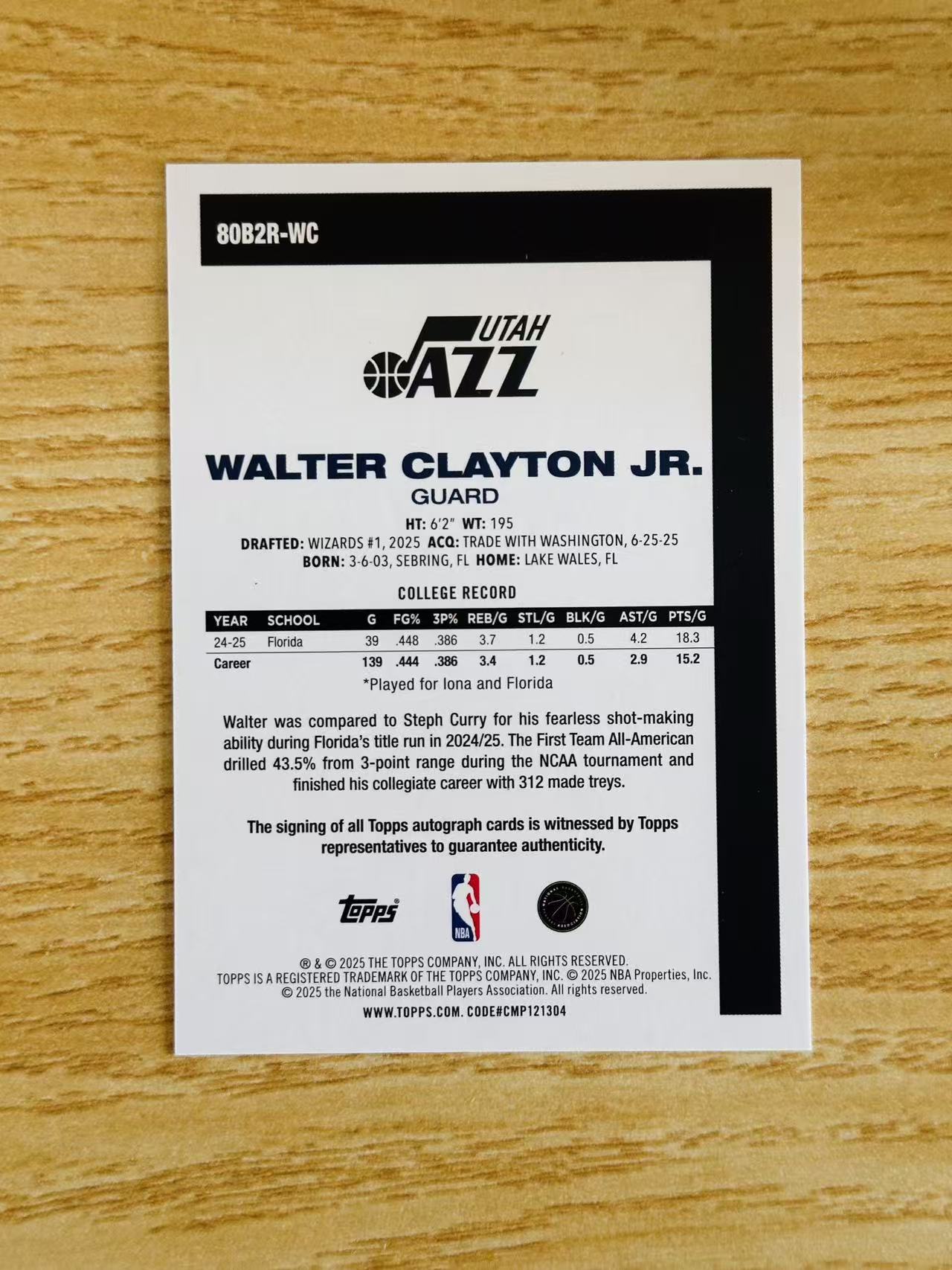 2025-26 Topps Chrome Walter Clayton Jr. 嘿嘿代卖 沃尔顿 克莱顿 新秀 RC 签字 卡签 爵士 收藏必备 gjma