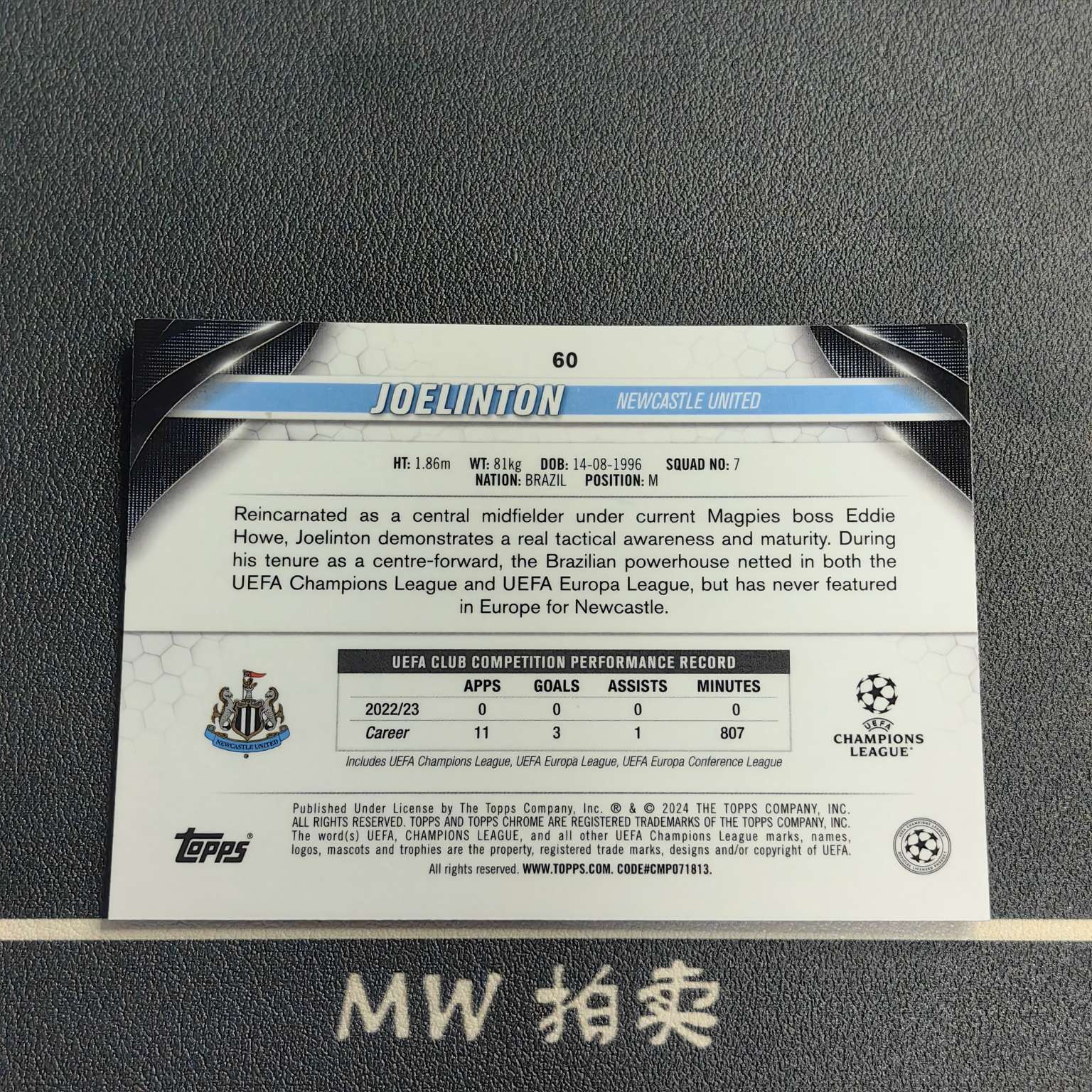 【MW拍卖 接代拍】 乔林顿 /299编 2023-24 Topps Chrome 紫碎闪折 欧冠TC JOELINTON 纽卡斯尔 -果