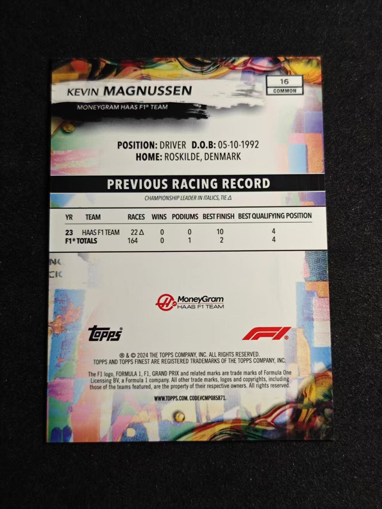 2024 Topps Finest Kevin Magnussen F1 哈斯车队 凯文 马格努森 F1方程式赛车 35/50编 金折 卡品如图