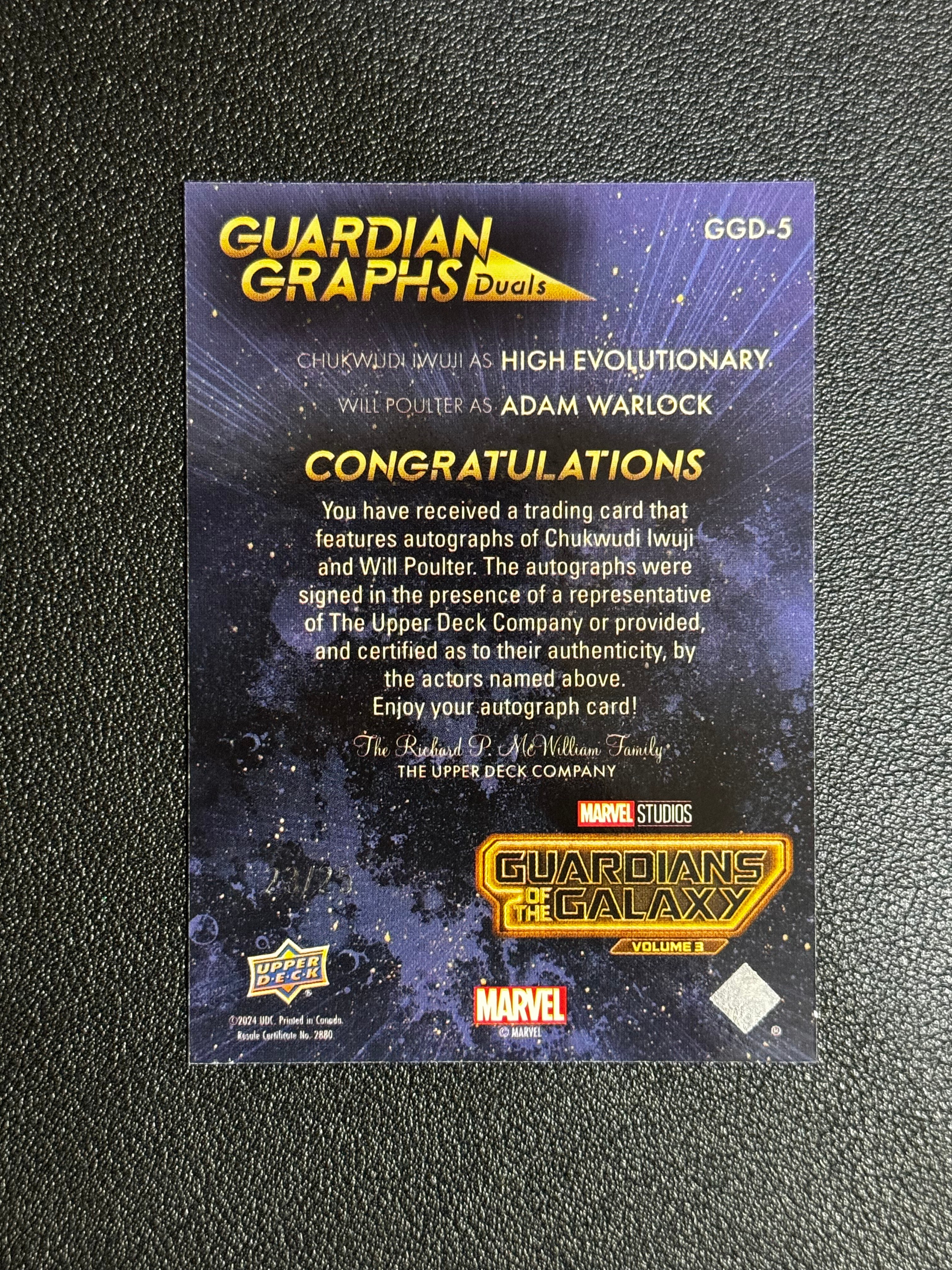 2024 Upper Deck Marvel (MCU) 银河护卫队 银护3 漫威 双人签字 Auto 25编 至高进化 楚克武迪・伊武吉 / 亚当术士 威尔・保尔特 LP 老王代理拍卖