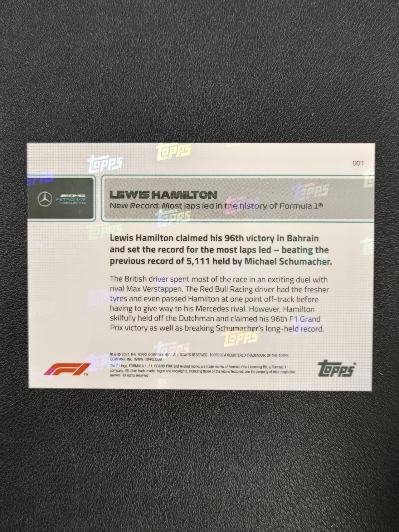 2021 Topps Now Lewis Hamilton F1 汉密尔顿 梅奔 新纪录:F1历史上最多圈数领先 收藏必备 卡品如图 CH