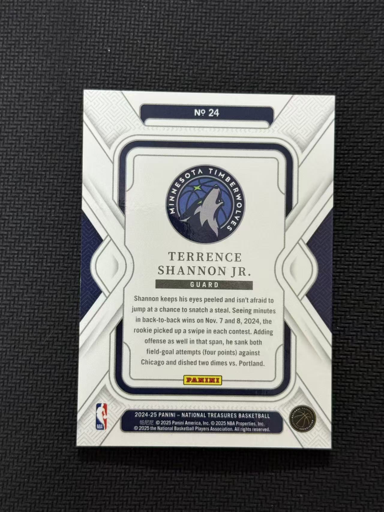 2024-25 Panini National Treasures Terrence Shannon Jr. RC 森林狼 国宝 小特伦斯 香农 31/75编 Base 未来可期 卡品如图 老公DR