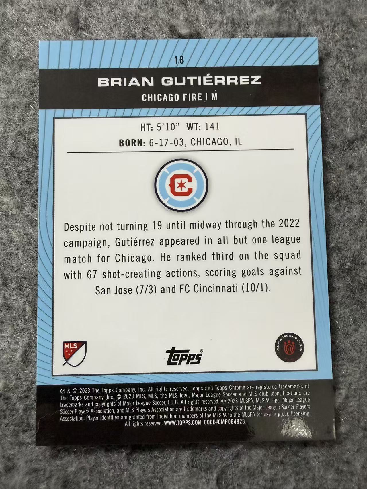 2023 Topps Chrome Brian Gutierrez RC MLS 新秀 美职联 布莱恩 古铁雷斯 芝加哥火焰 199编 蓝折