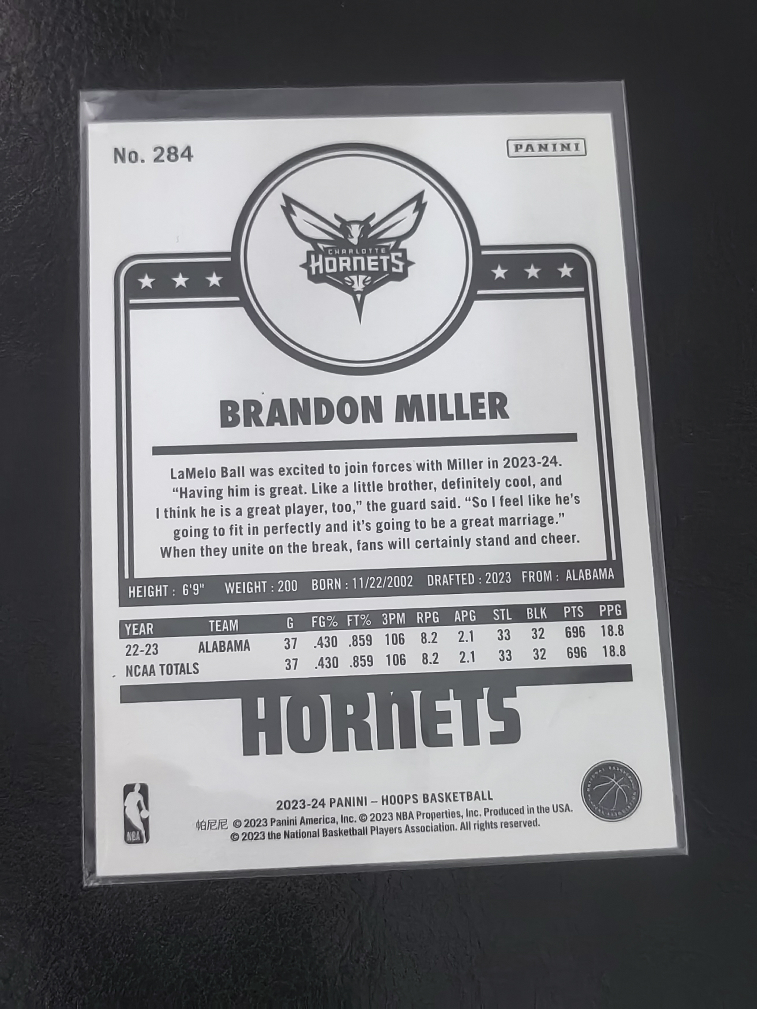 2023-24 Panini Hoops Brandon Miller RC Hoops 布兰登·米勒 黄蜂 凑套 篮 白边白角 不保卡品 卡品如图