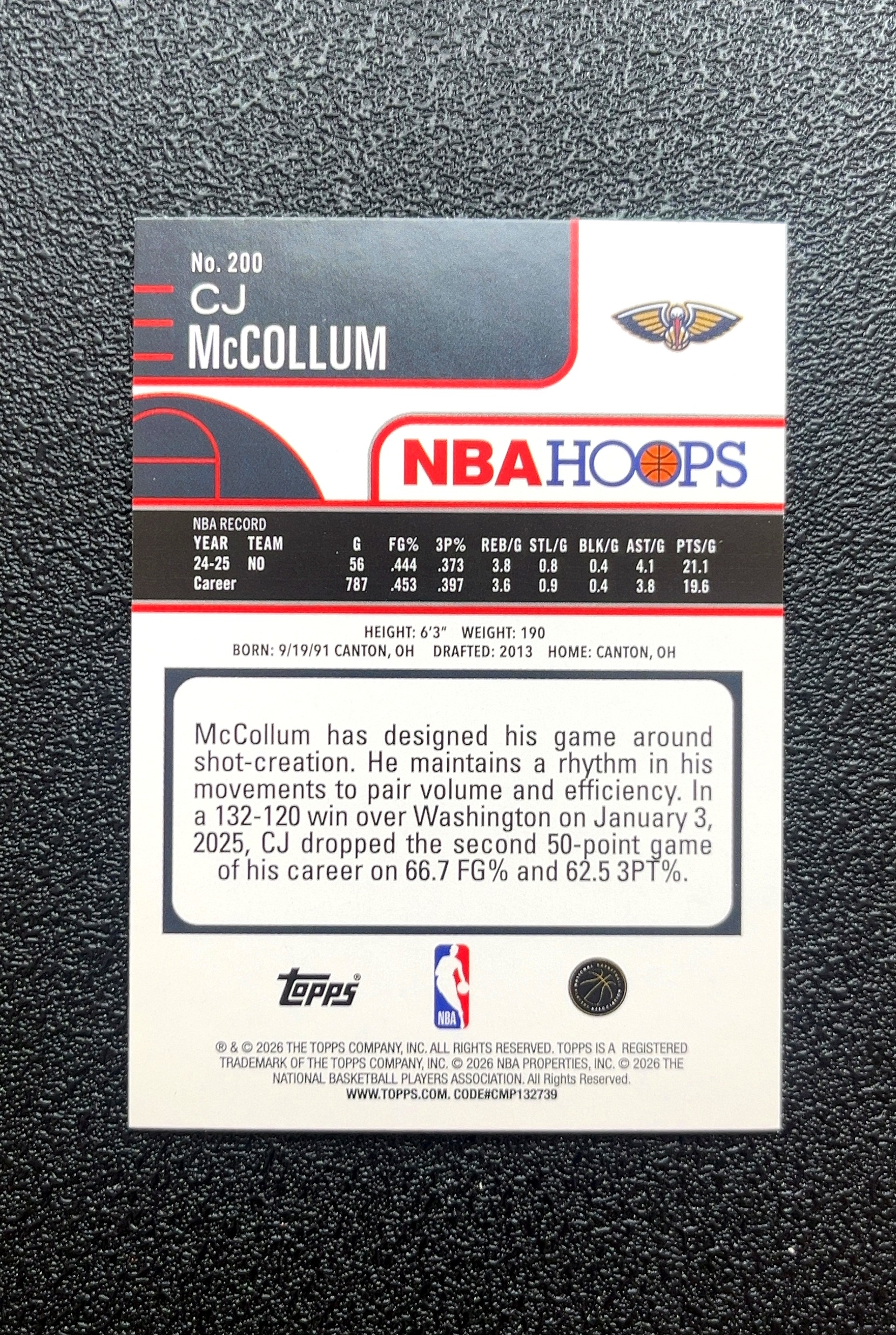 【小白1%代卖】2026 Topps NBA HOOPS CJ McCollum 麦科勒姆 绿折 折射 卡品如图 高价值 #200 New Orleans 新奥尔良 0019#134