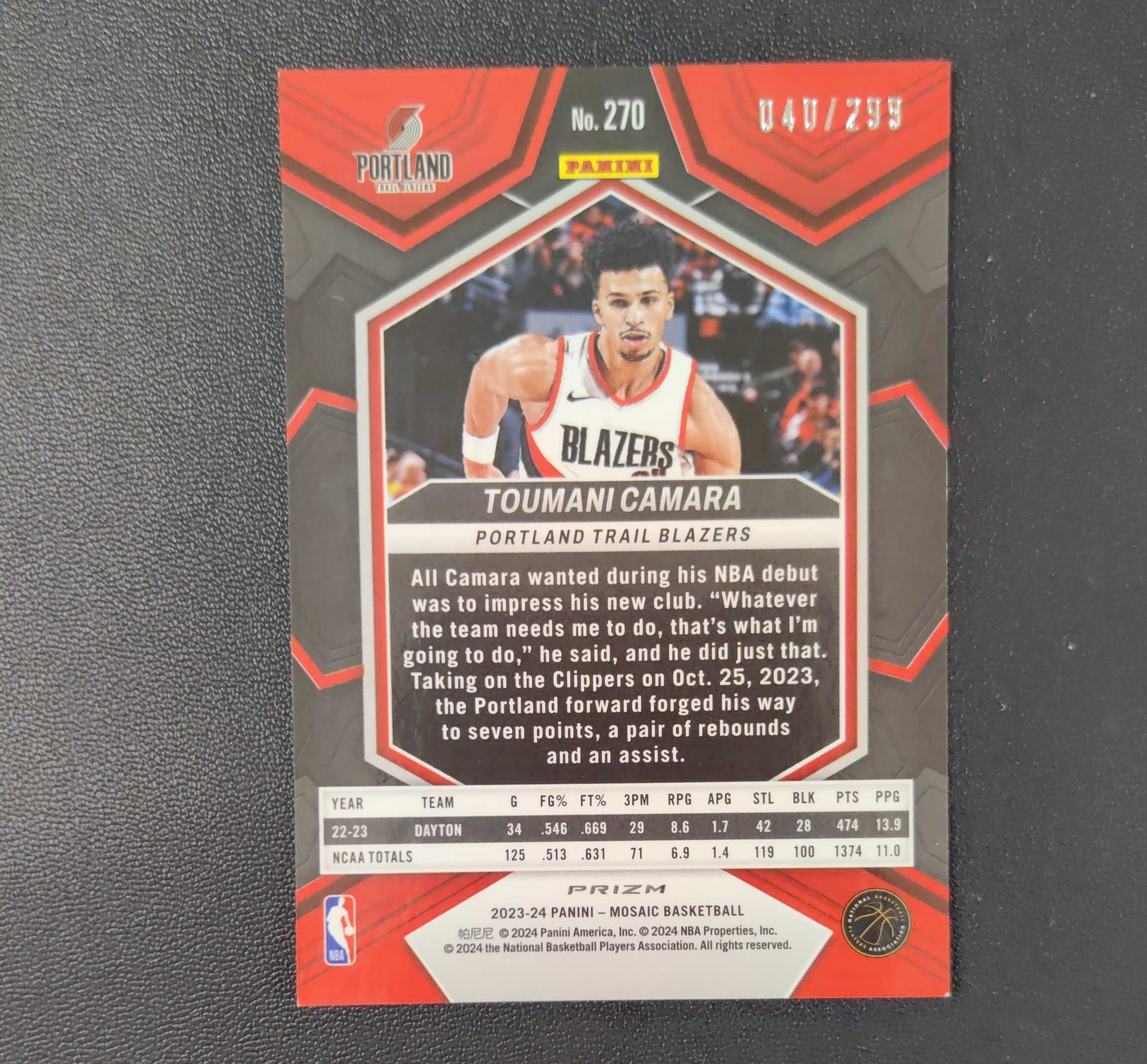 2023-24 Panini Mosaic Toumani Camara RC 图马尼 卡马拉 开拓者 RC新秀 红变形虫折 折射 299编 东契奇 sga 库里 文班亚马 詹姆斯 多张再拍