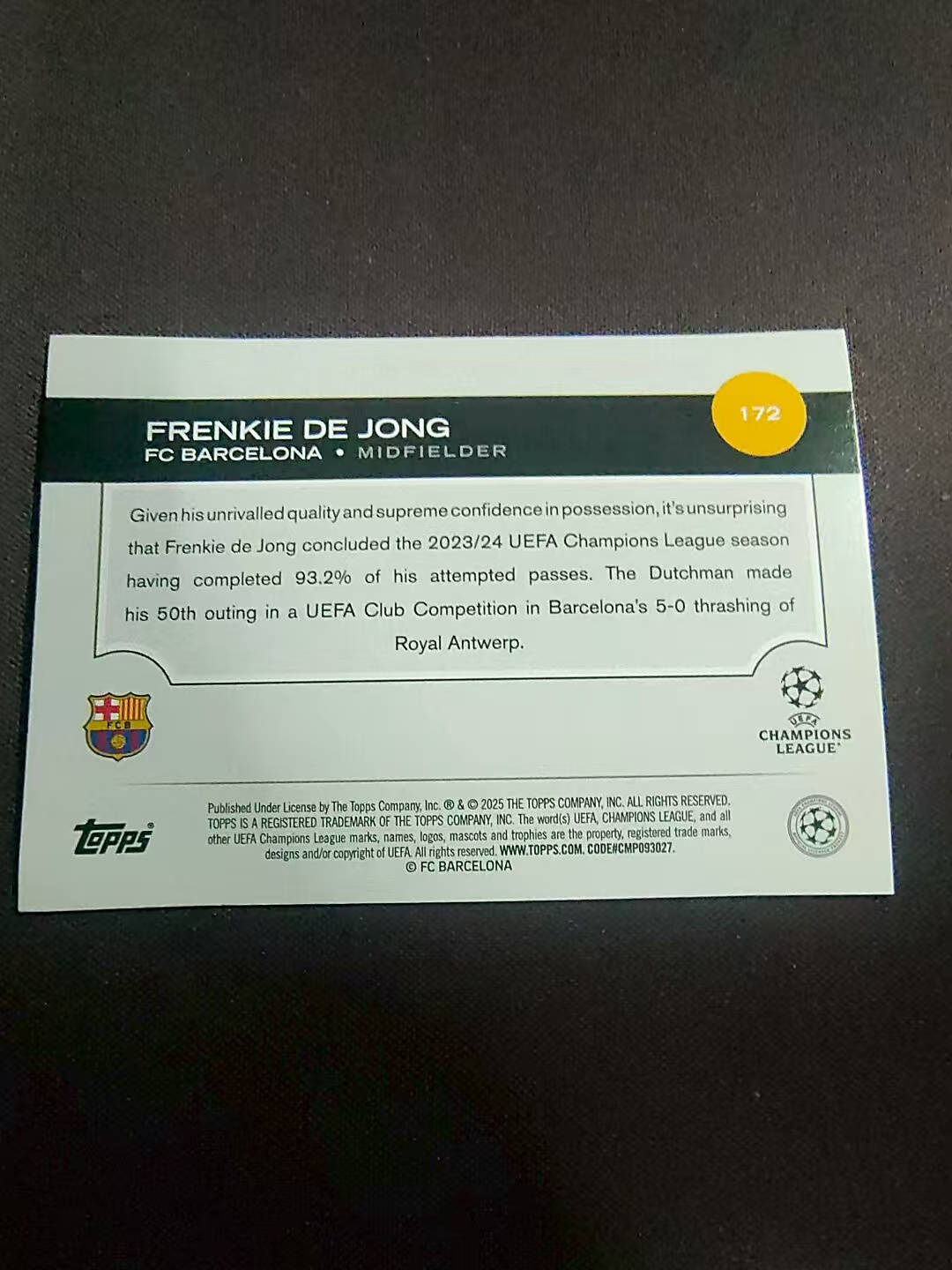 【可合并,不累计】2025 Topps chrome Frenkie de Jong 巴萨 弗伦基 德容 欧冠 划痕 边角瑕疵 #172