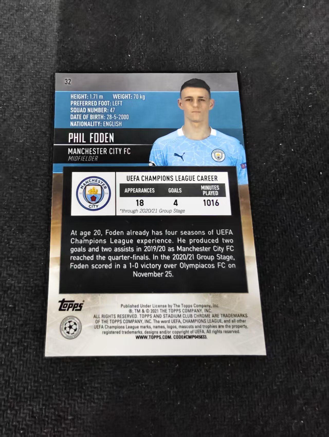 【可合并,不累计】2021 Topps Stadium Club Chrome Phil Foden 菲尔 福登 曼城 欧冠 竞技场 不保卡品 介意勿拍 #32