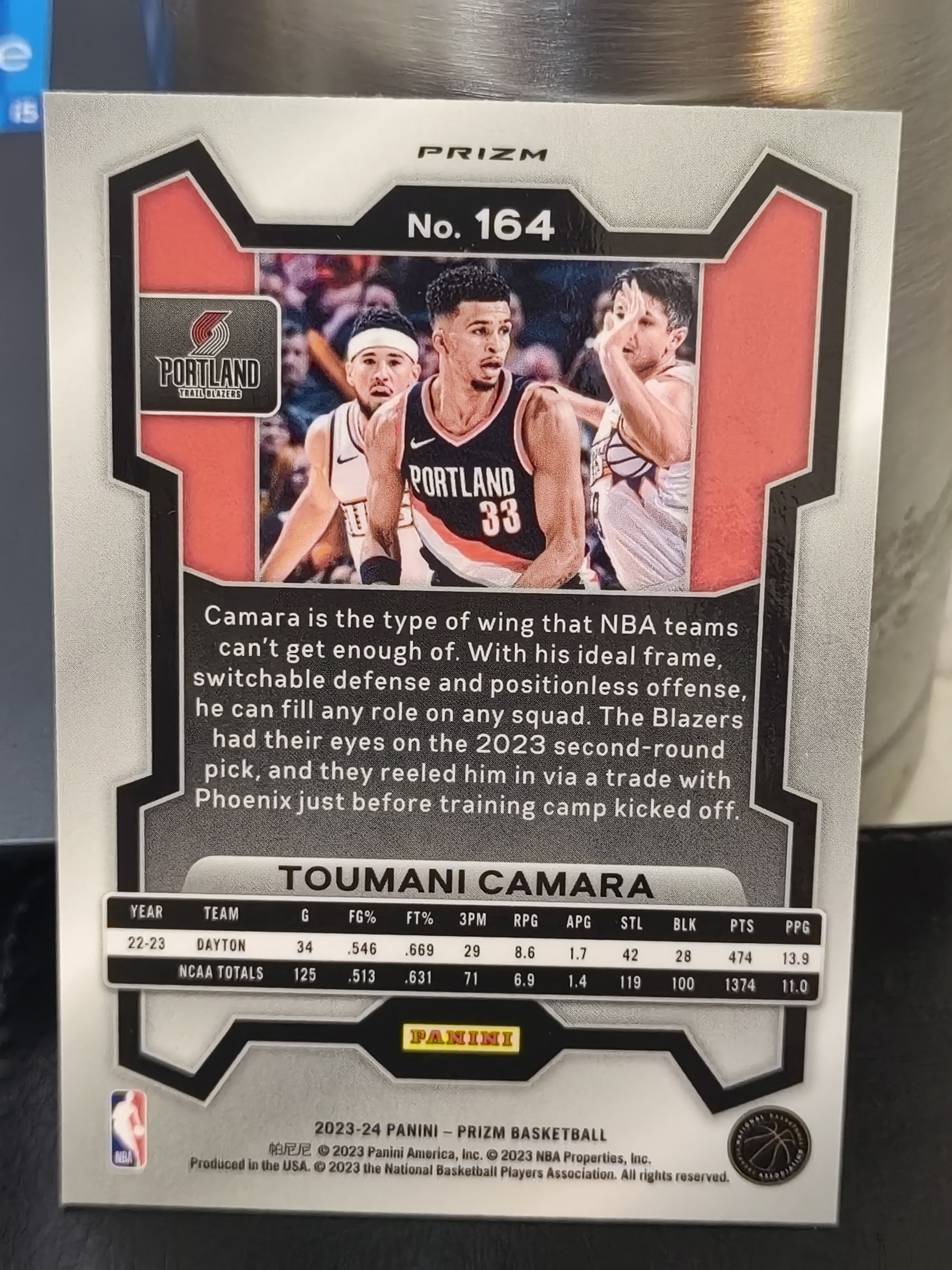2023-24 Panini Prizm Toumani Camara RC PZ 红波纹折 图马尼卡马拉 开拓者 篮 白边白角 不保卡品 卡品如图