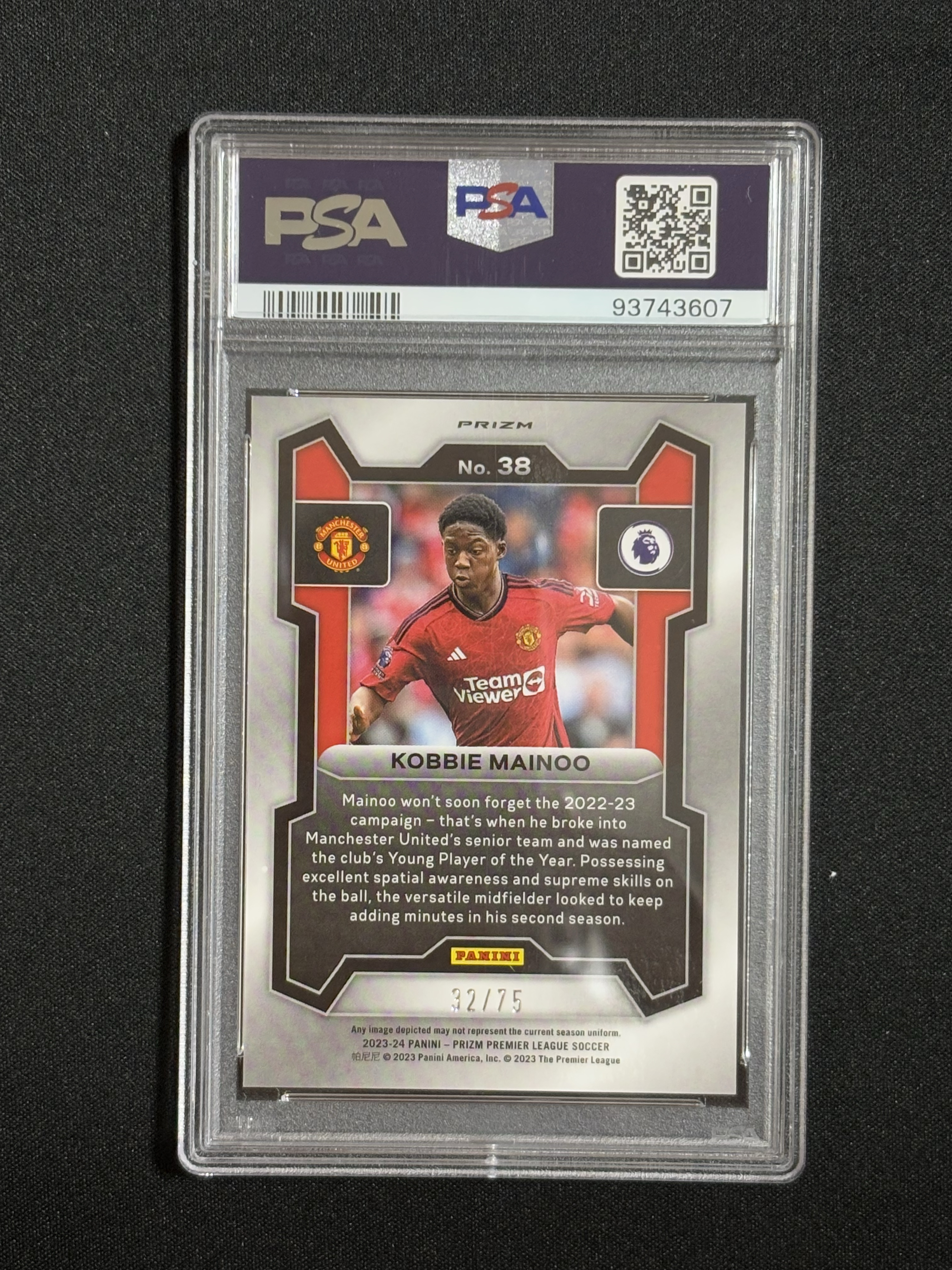 2023-24 Panini Prizm Kobbie Mainoo RC 英超 科比 梅努 新秀 base 蓝碎冰折 32/75编 PSA10分 评级卡 - FJames