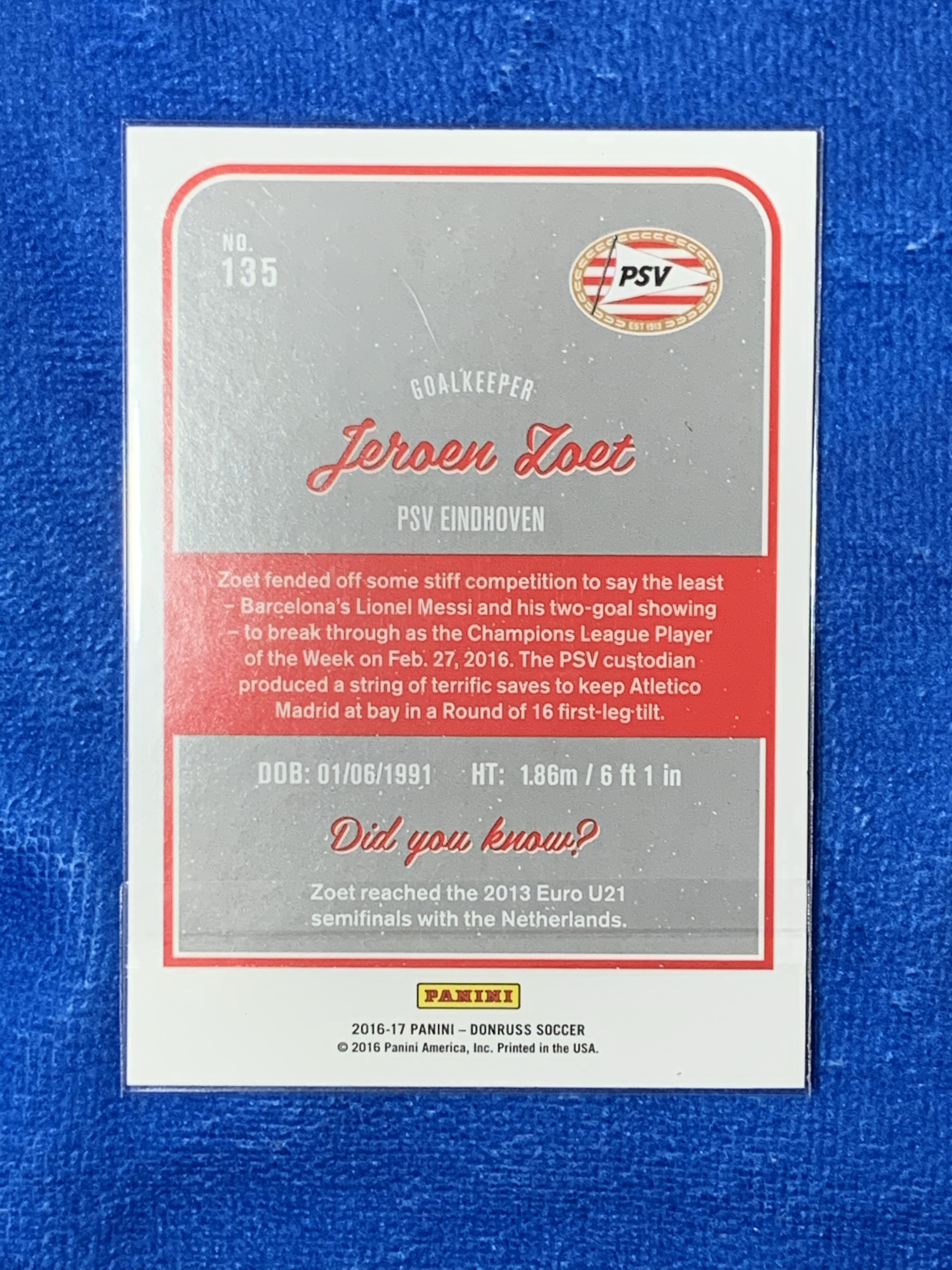 2016-17 Panini Donruss Jeroen Zoet 帕尼尼 PSV埃因霍温 佐特 荷兰国门Holland 斯佩奇亚Spezia 阿尔克马尔Alkmaar 不保卡品