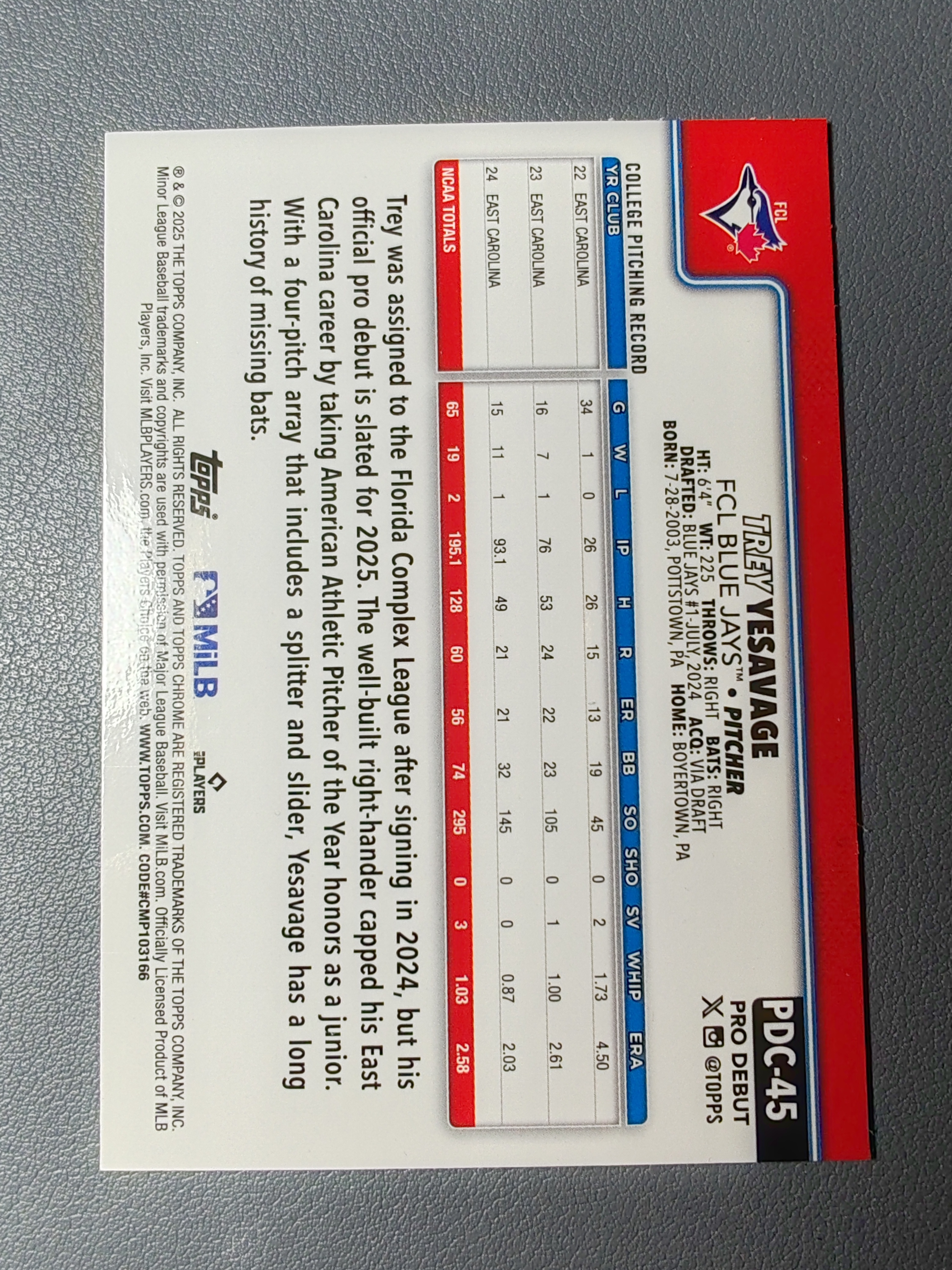 2025 Topps Pro Debut Trey Yesavage 耶萨维奇 蓝鸟 大物新人 小联盟首秀 chrome版 棋盘折!【001】