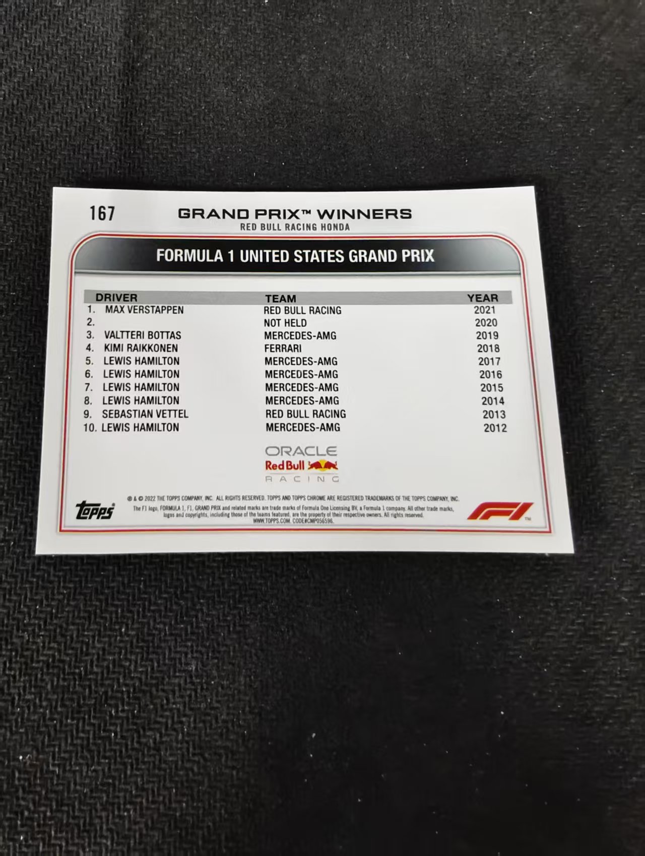 2022 Topps Chrome F1 Max Verstappen 维斯塔潘 红牛 划痕 边角瑕疵 #167