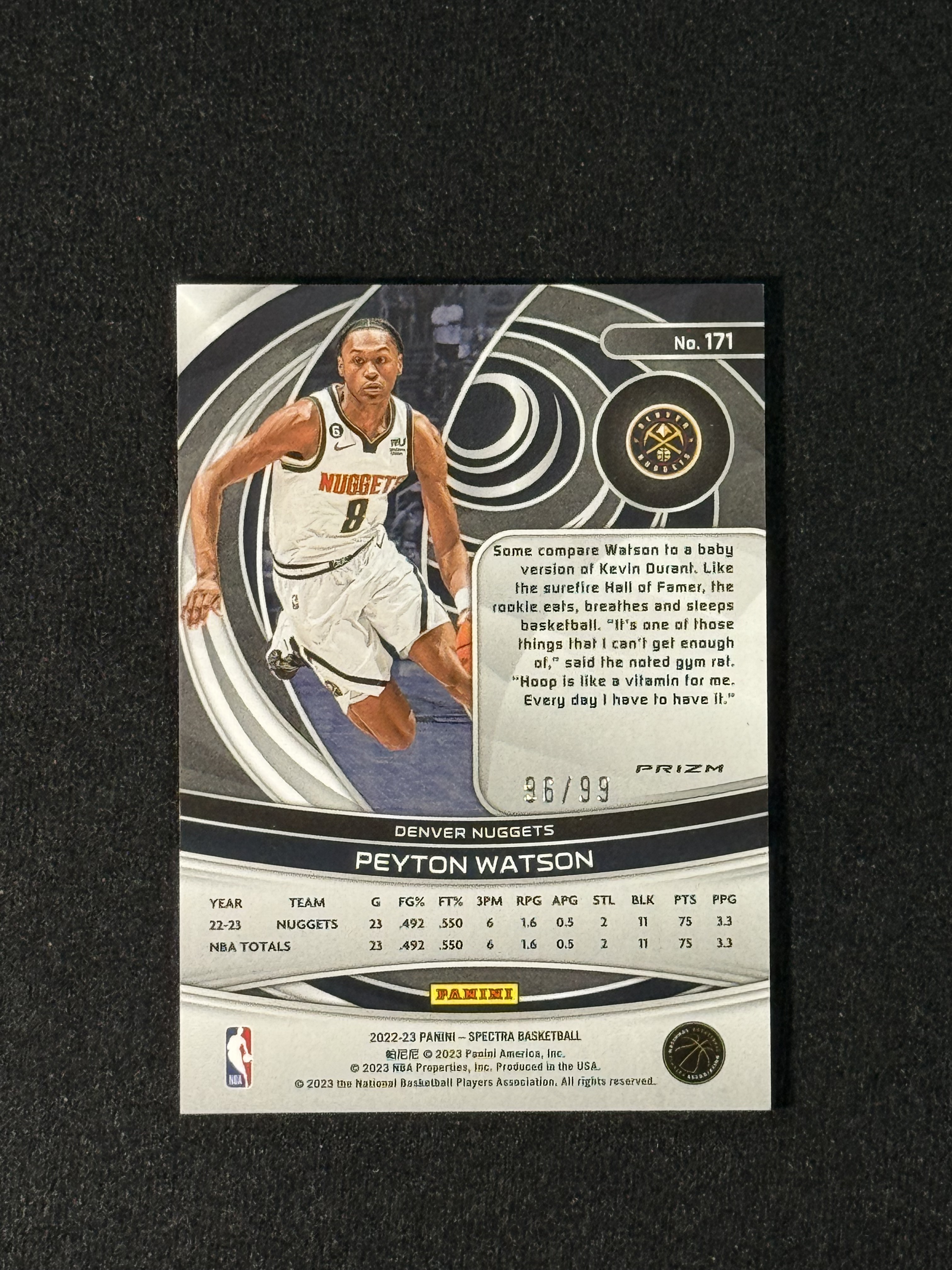 2022-23 Panini Spectra Peyton Watson RC 【扎克代卖】光谱 掘金新秀 佩顿 沃特森 黑折 99编 瑕疵如图 投资必备