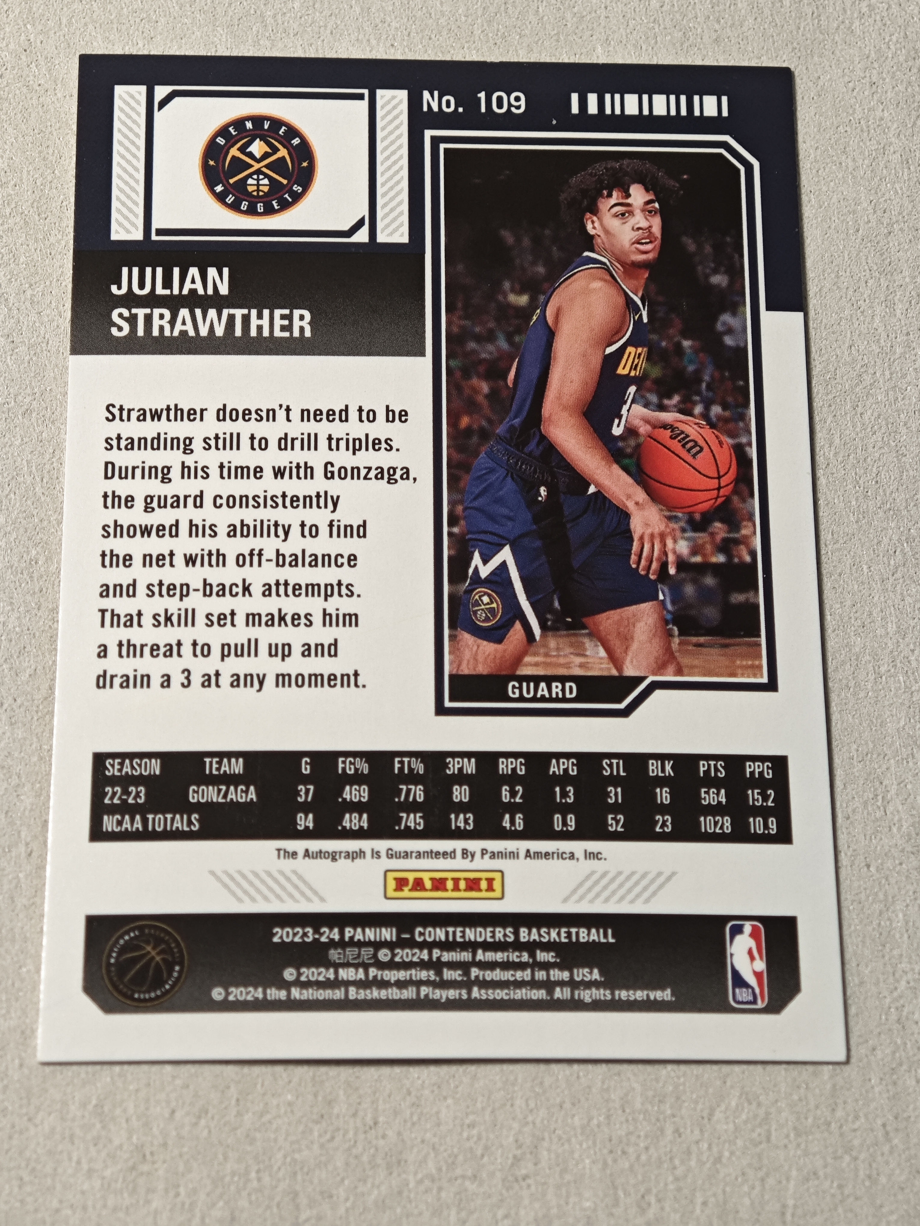 2023-24 Panini Contenders Julian Strawther RC 掘金 朱利安 斯特劳瑟 新秀 球票 碎冰 25编正球票 签字 约基奇队友 夺冠热门 微瑕如图