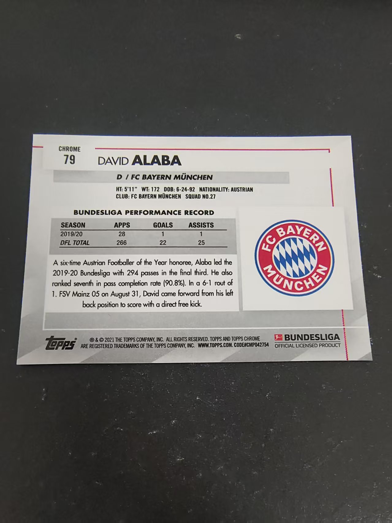 【可合并,不累计】2021 Topps Chrome David Alaba 德甲 拜仁慕尼黑 阿拉巴 划痕 边角瑕疵 #79