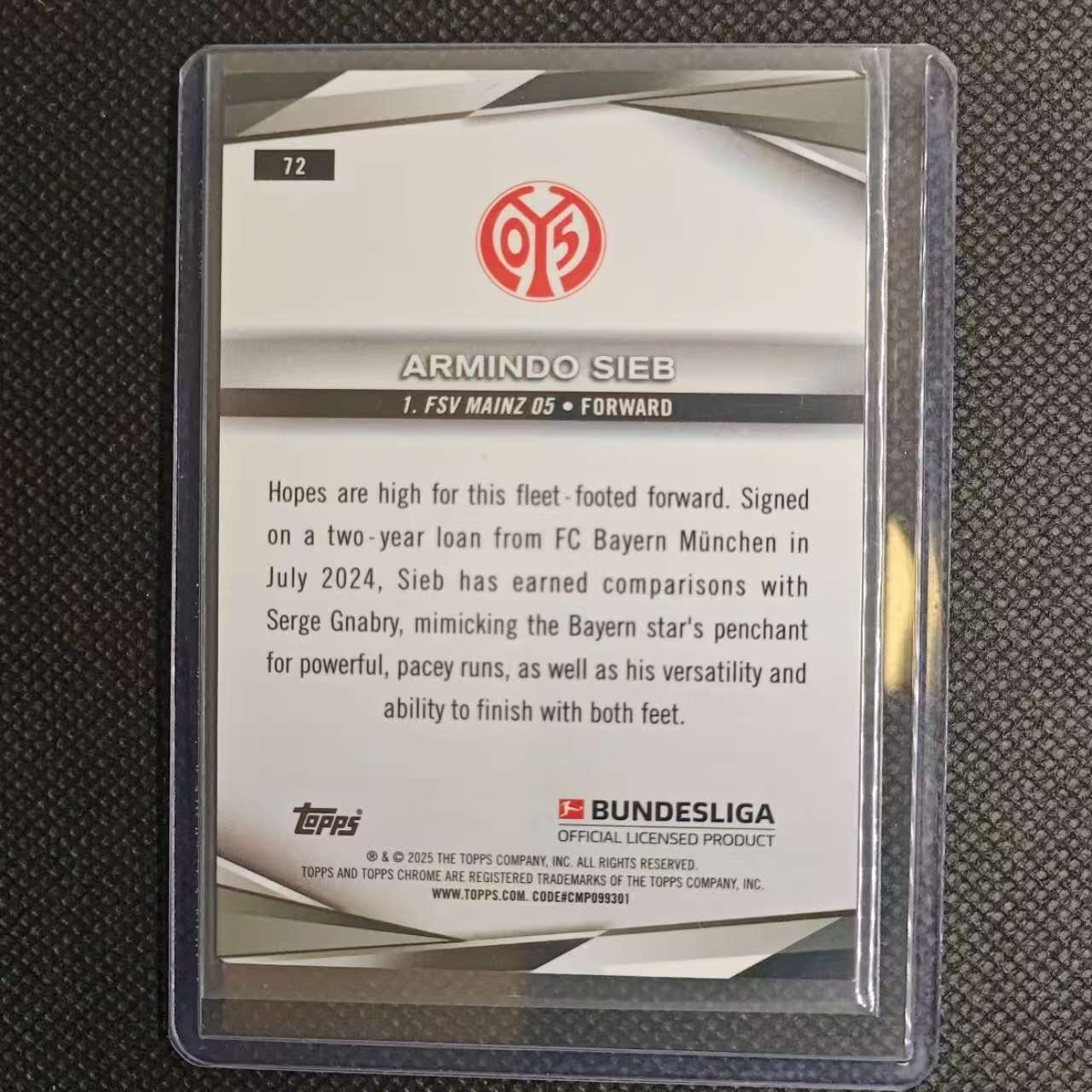 2025 Topps Chrome Armindo Sieb 团长#72德甲蓝宝石 德国 美因茨 席布 91/99编 绿碎冰折 未来可期 不保卡品细节看图