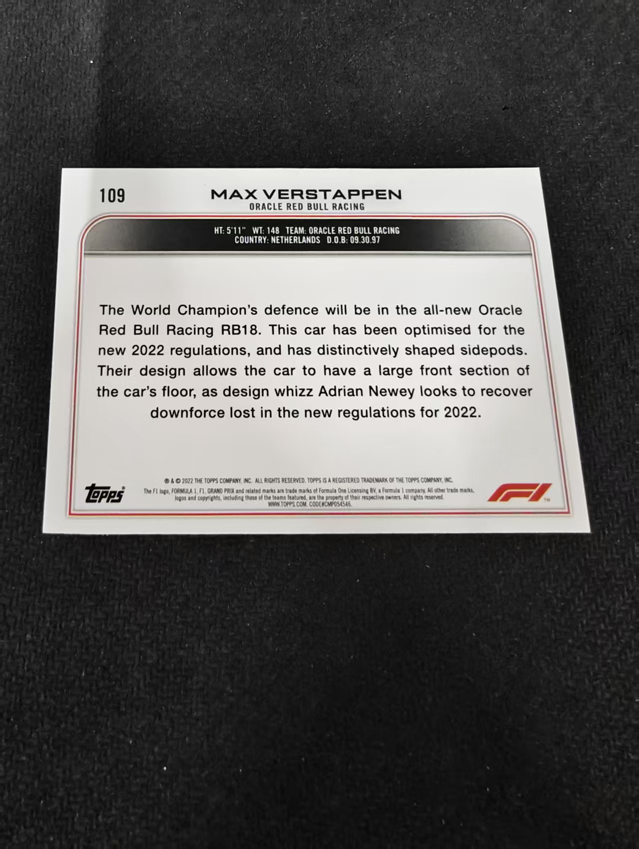 2022 Topps Chrome F1 Max Verstappen 维斯塔潘 红牛 划痕 边角瑕疵 @109