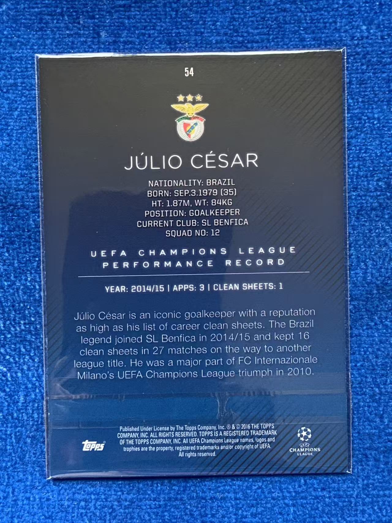 2016 Topps UEFA Champions League Julio Cesar 欧冠 99编绿折Green 本菲卡Benfica 塞萨尔 巴西国门Brazil 国际米兰Inter 五冠王主力