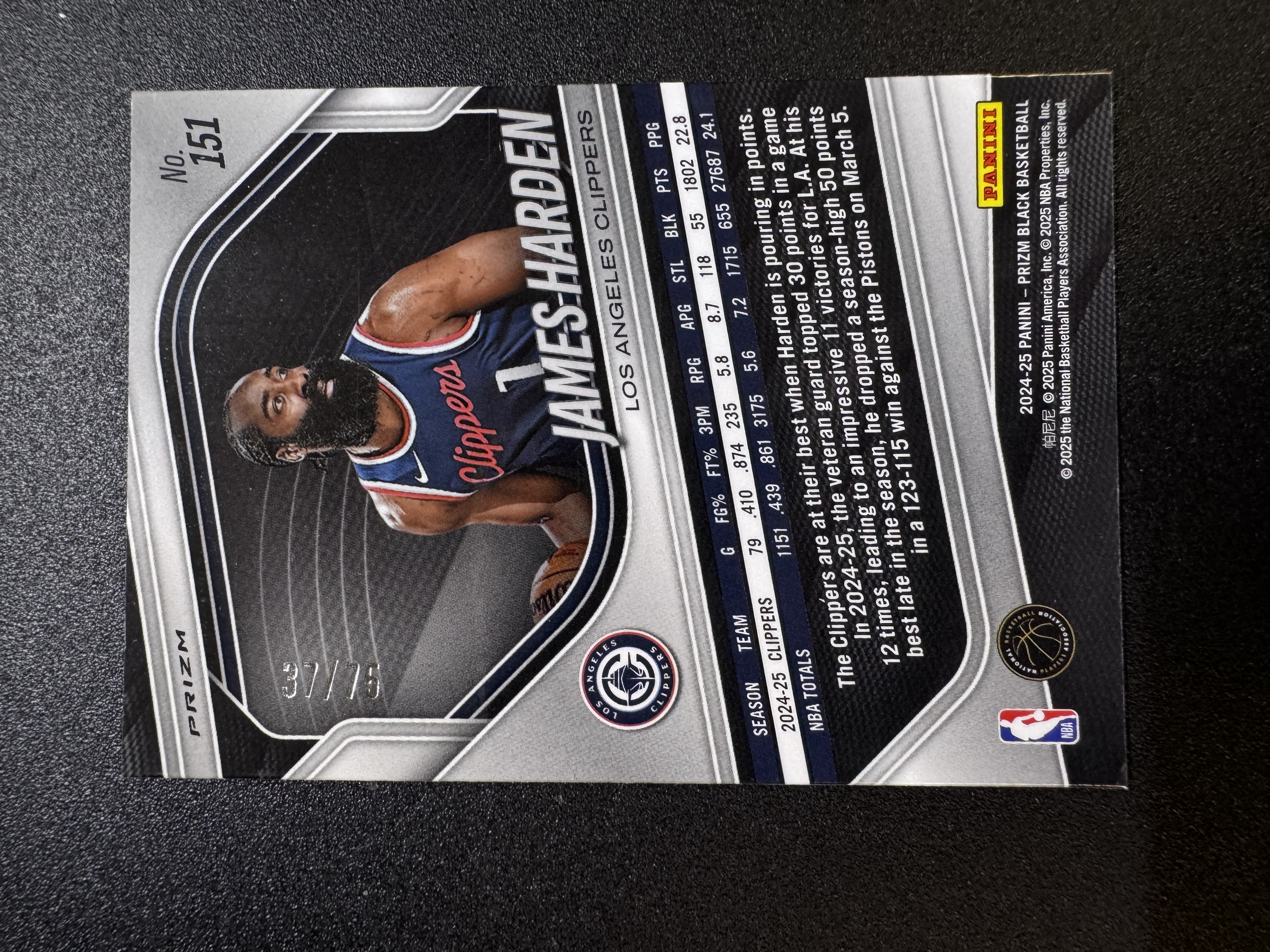 2024-25 Panini prizm black James Harden 快船 詹姆斯 哈登 大胡子 火箭 76人 75大巨星 红棋盘折 红格子折 折射 75编 微瑕如图