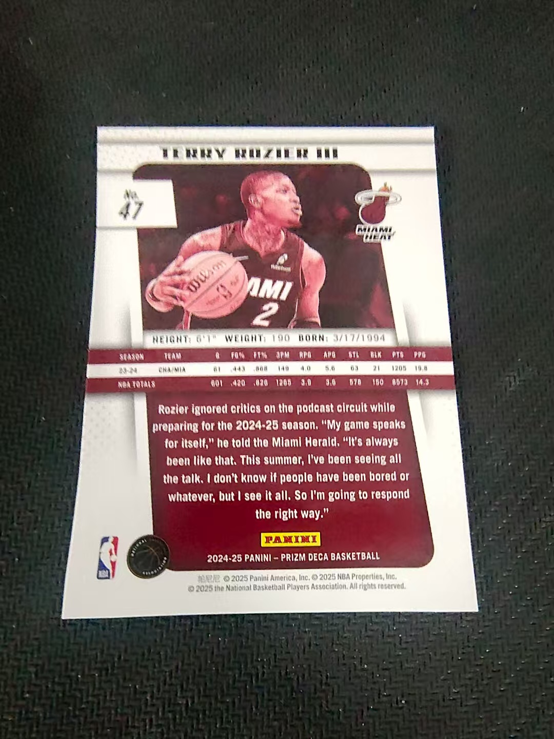 【可合并,不累计】2024-25 Panini Prizm DECA Terry Rozier 罗齐尔 复古系列 热火 PZ 划痕 边角瑕疵 #47