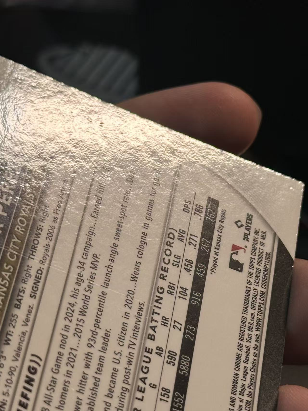 2025 Topps Bowman Chrome Salvador Perez 【欧卡体育】鲍曼TC 萨尔瓦多 佩雷兹 199编 青熔岩折 皇家 印痕大图(YDD)