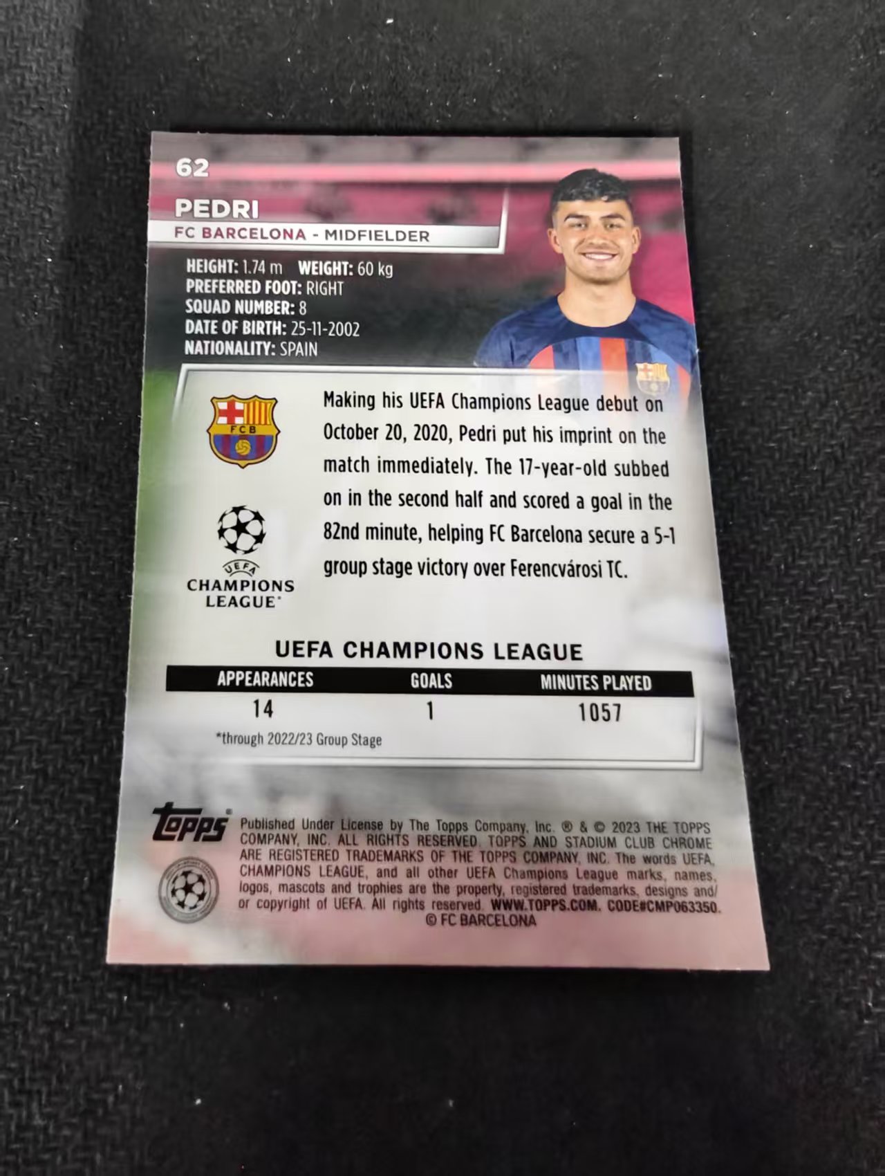 【可合并,不累计】2023 Topps Stadium Club Chrome Pedri 佩德里 金童 佩刀 西班牙 巴萨 欧冠 竞技场 不保卡品 介意勿拍 #62