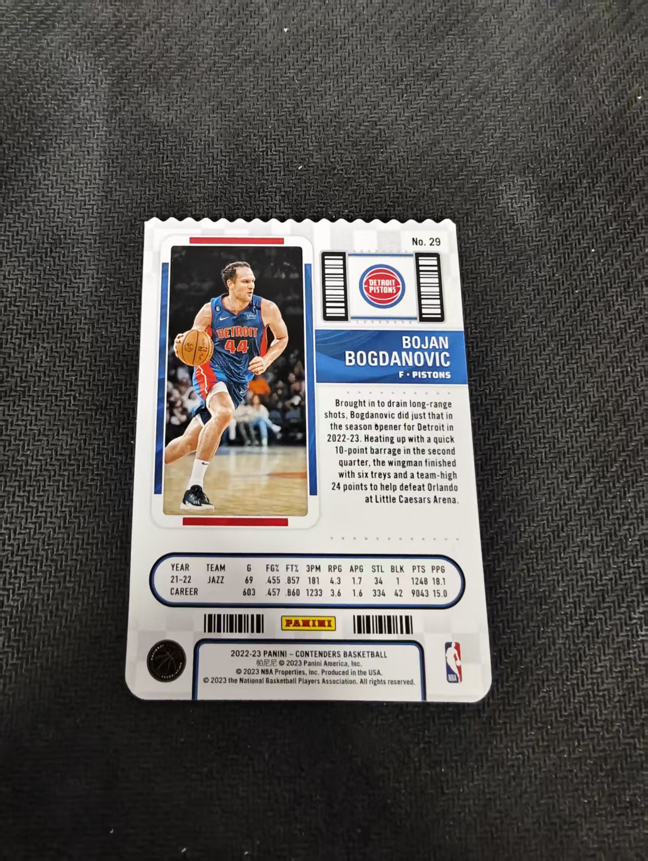 【汽水拍卖】2022-23 Panini Contenders Bojan Bogdanovic 活塞 博格达诺维奇 球票 44编 背号编 闪卡 微瑕如图