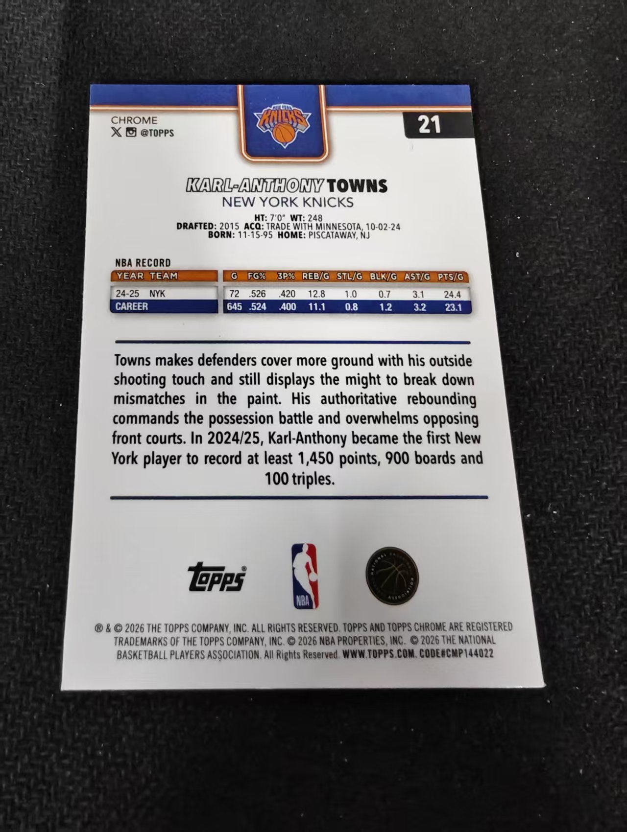 2026 Topps Chrome Update Karl Anthony Towns 唐斯 尼克斯 TCU 划痕 边角瑕疵 #21